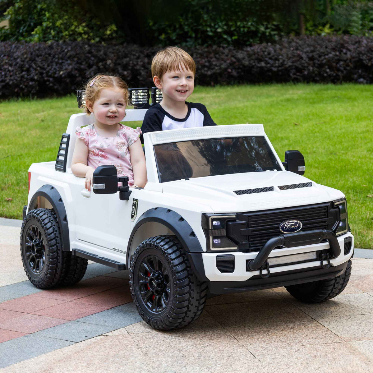 White Ford F450 Kids Ride On Truck, 24V Two Seater with Parental Remote
