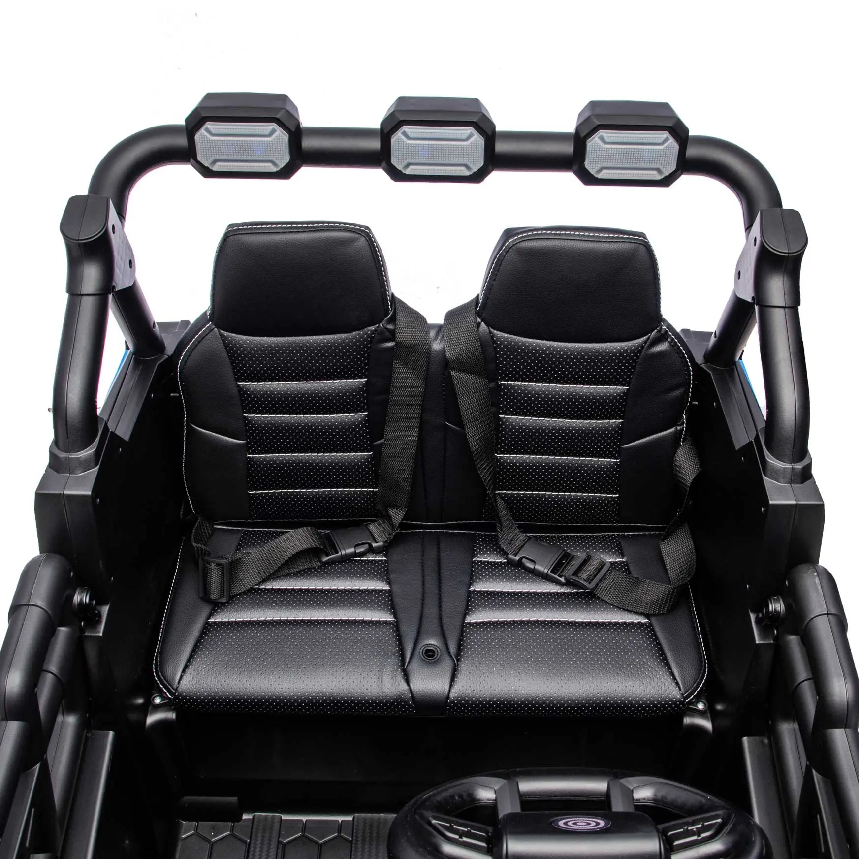 Blue Trail Rider 24V 4WD kids electric ride-on UTV, interior view with LED headlights and dual seats