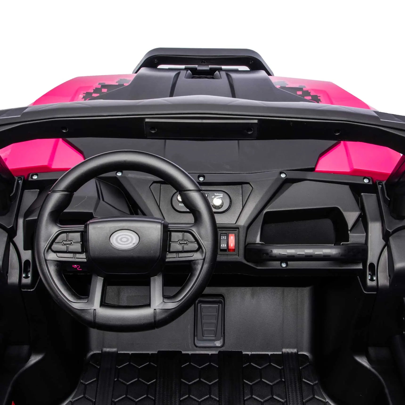 Pink Trail Rider 24V 4WD kids electric ride-on UTV, interior dashboard view with LED headlights and dual seats