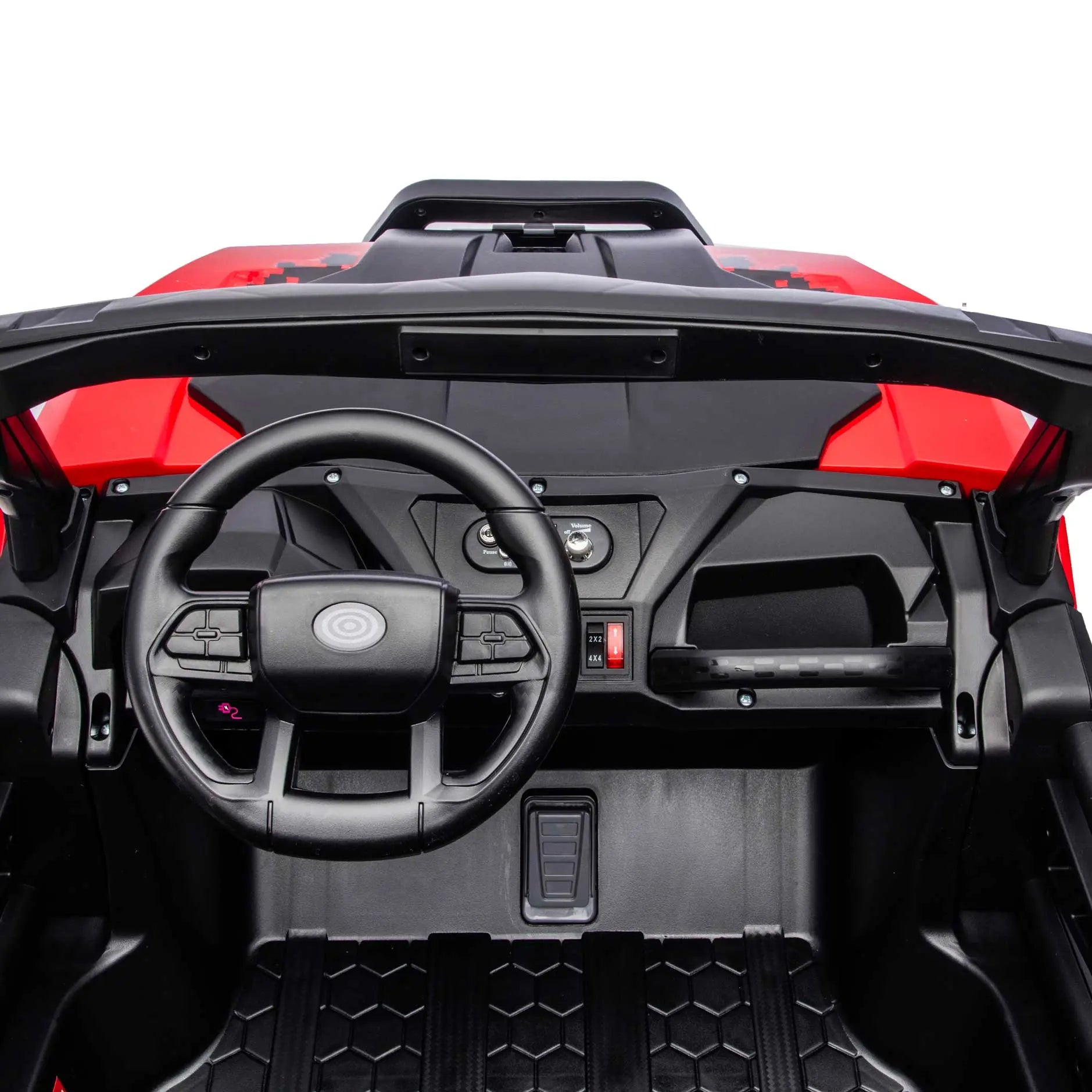 Red Trail Rider 24V 4WD kids electric ride-on UTV, interior dashboard view with LED headlights and dual seats