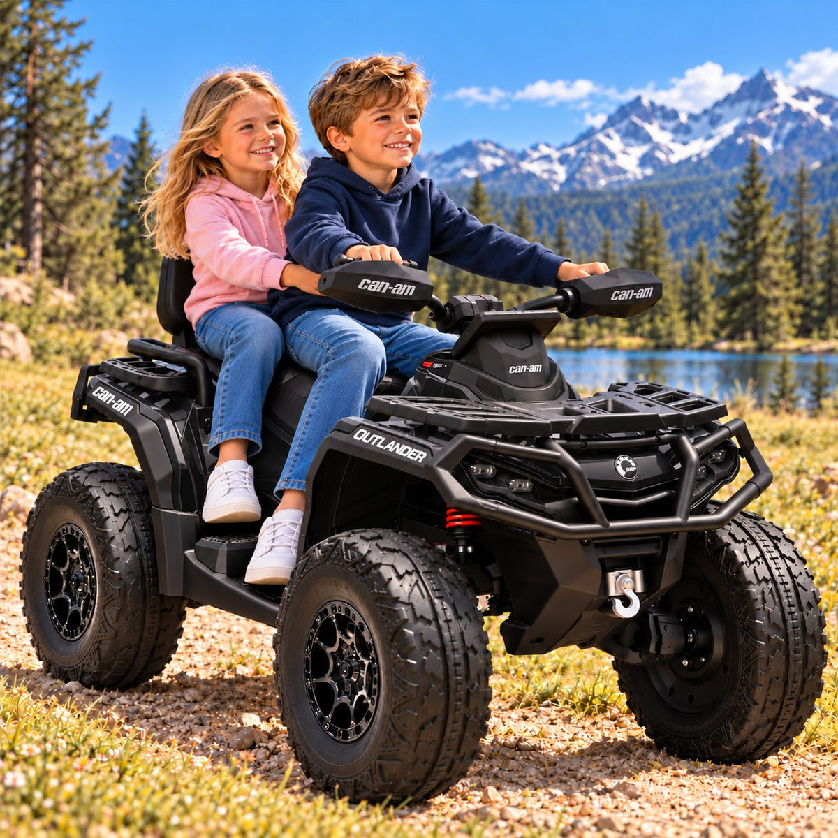 Black Can-Am Outlander 24V Kids 4 Wheeler – A Boy and Girl Riding the Two-Seater Ride-On ATV by a Mountain Lake