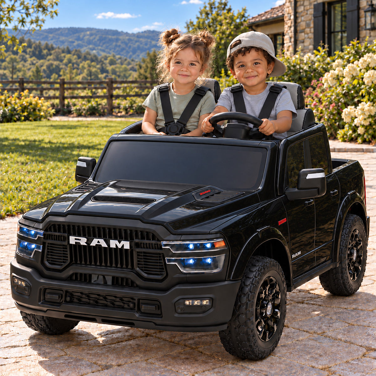 Black Dodge Ram 2500 Rebel 24V Kids 2 Seater Ride-On Truck, Boy and Girl Driving on a Driveway
