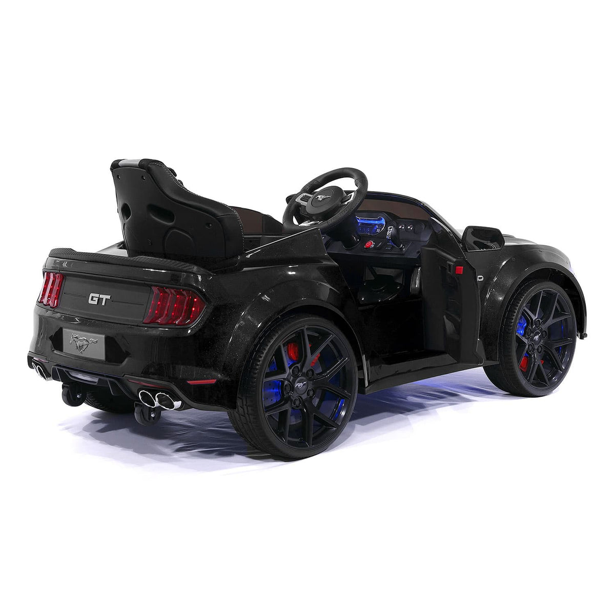 Black Ford Mustang Kids Ride-On Car Rear Right Angle with Openable Door