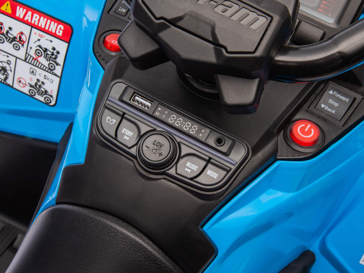 Media Player with Push-Button Start on the Blue Can-Am Outlander 24V Kids Quad