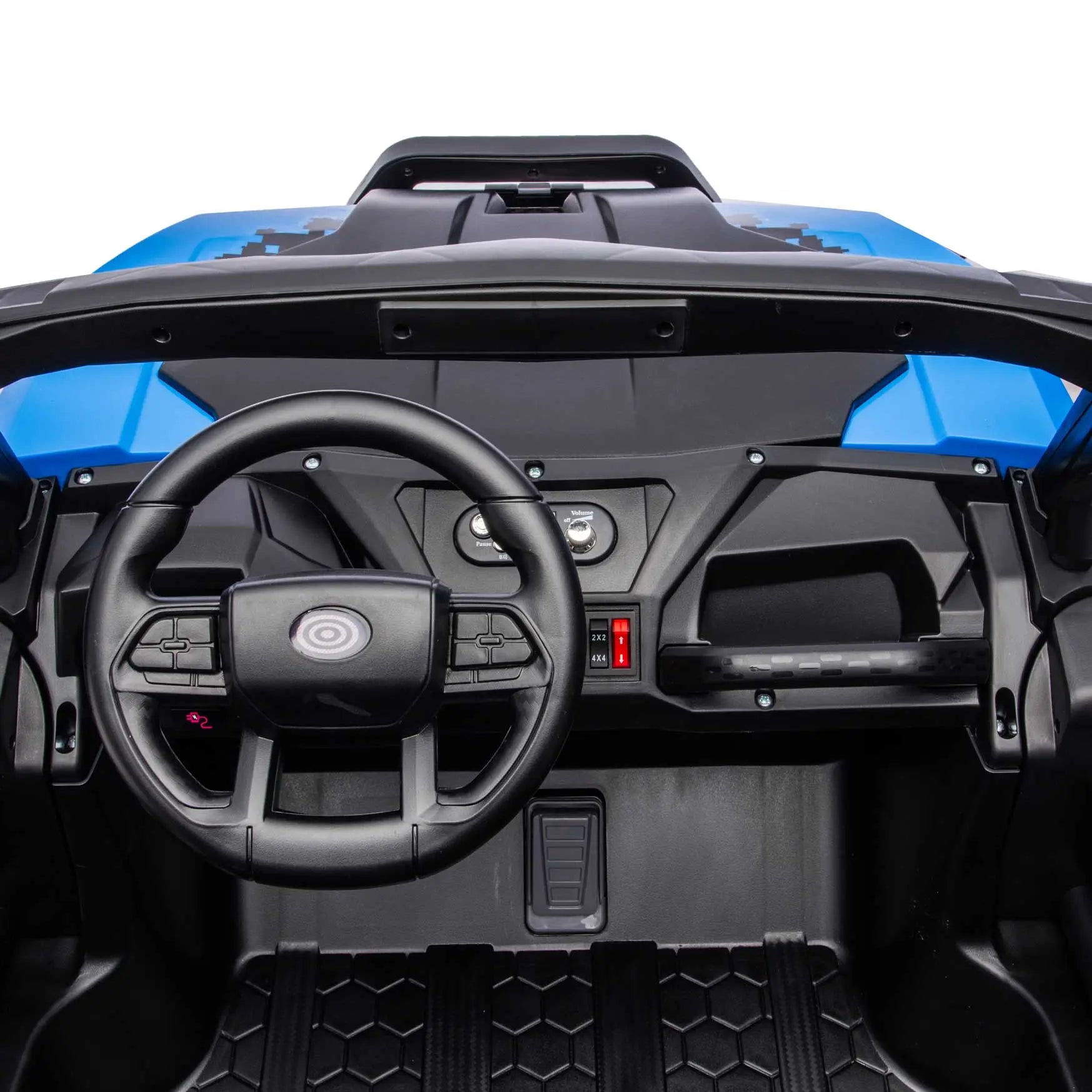Blue Trail Rider 24V 4WD kids electric ride-on UTV, interior dashboard view with LED headlights and dual seats