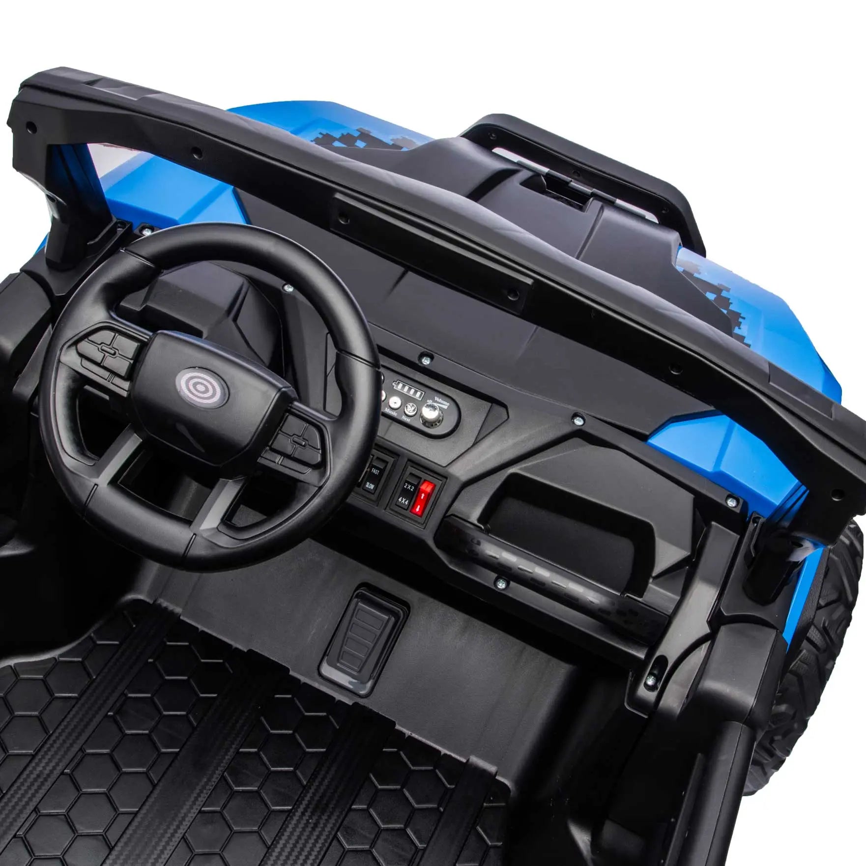 Blue Trail Rider 24V 4WD kids electric ride-on UTV, interior legroom view with LED headlights, dashboard and dual seats