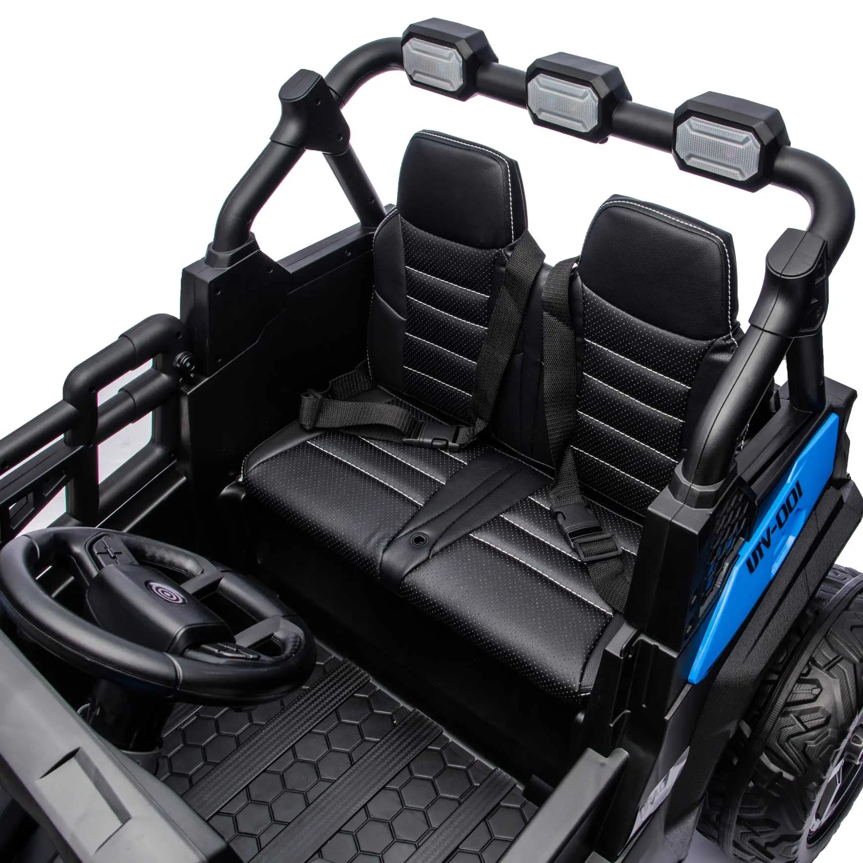 Blue Trail Rider 24V 4WD kids electric ride-on UTV, interior view with LED headlights and dual seats