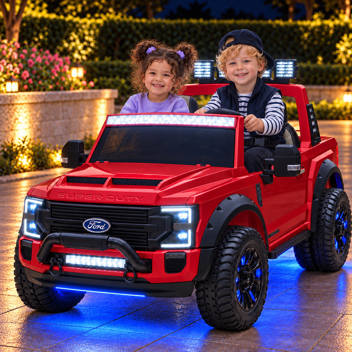 Cherry Red Ford F450 24V Kids Ride-On Truck with LED Light Bars and Blue Underbody Lights, Night Lifestyle Photo