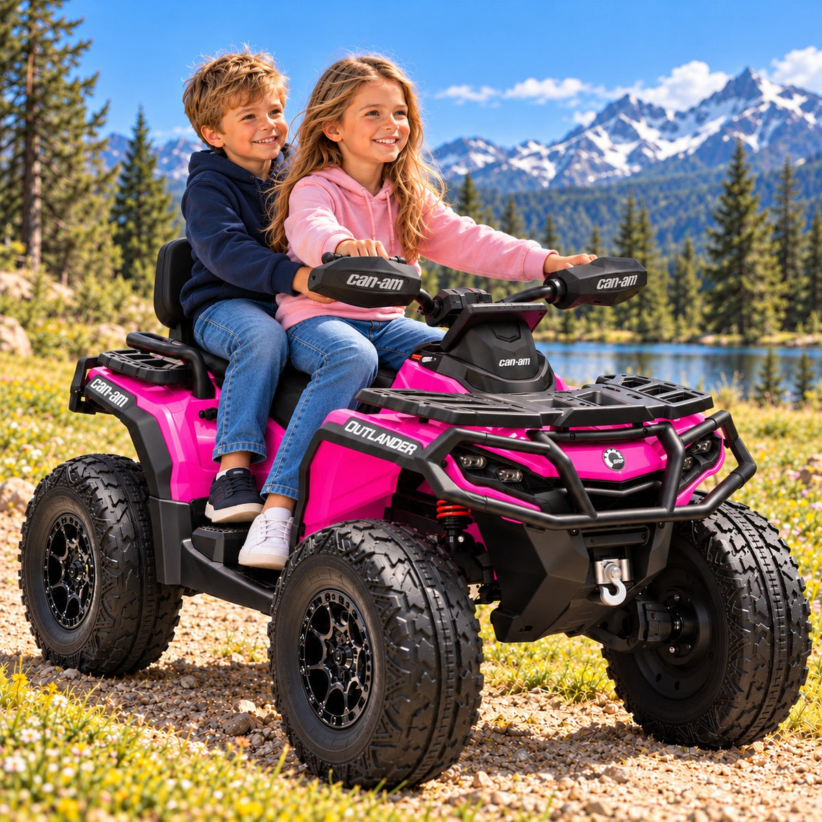 Deep Pink Can-Am Outlander 24V Kids 4 Wheeler – A Boy and Girl Riding the Two-Seater Ride-On ATV by a Mountain Lake