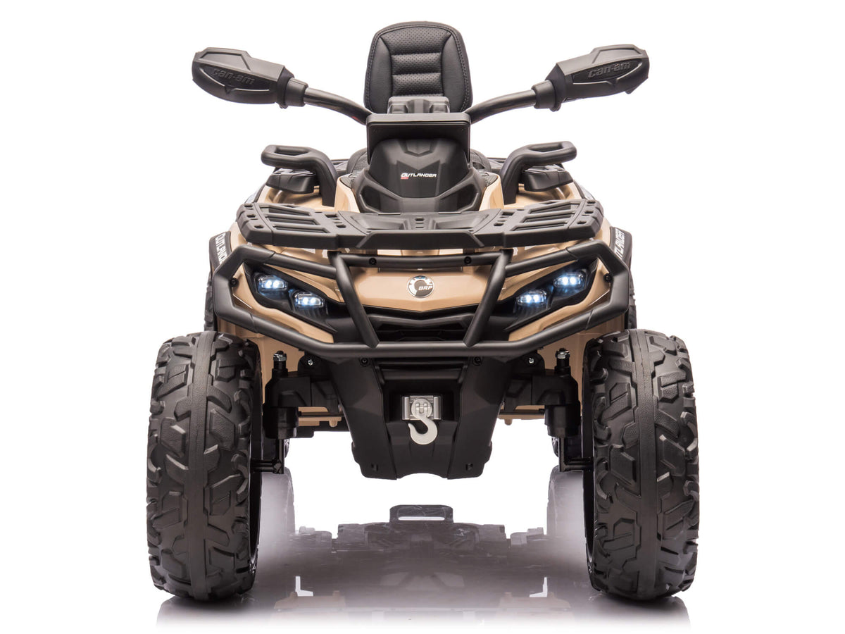 Front View of the Desert Tan Can-Am Outlander 24V Two-Seater Kids Quad