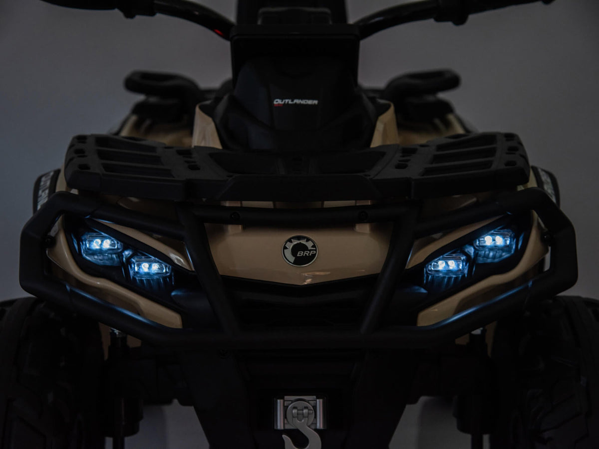 Desert Tan Can-Am Outlander 4WD Kids Quad with Front LED Lights On