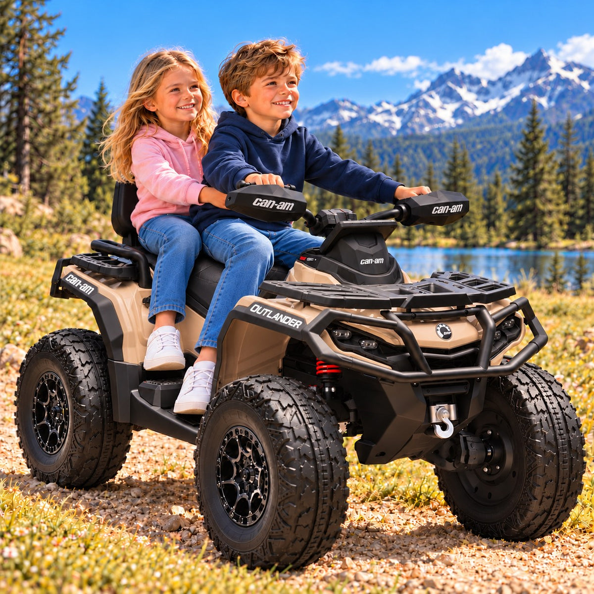Desert Tan Can-Am Outlander 24V Kids 4 Wheeler – A Boy and Girl Riding the Two-Seater Ride-On ATV by a Mountain Lake