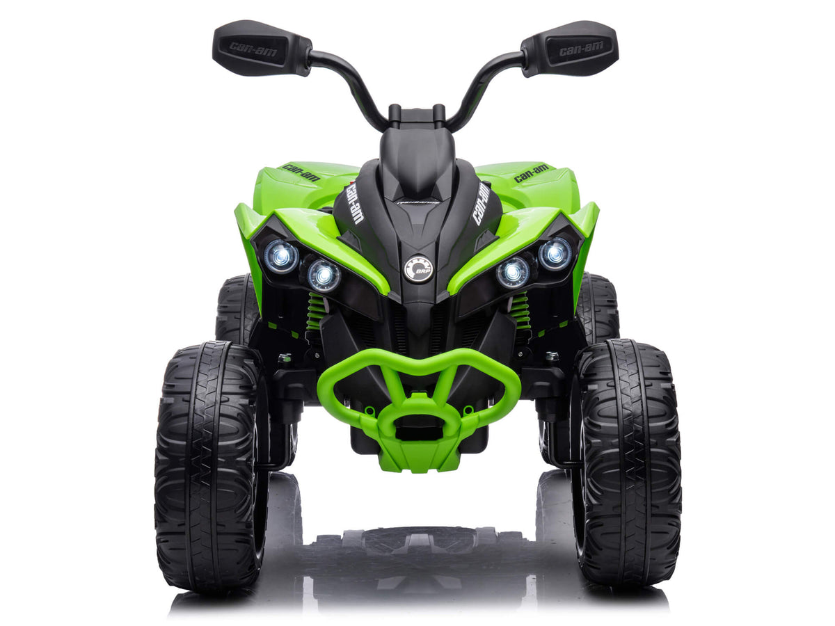 Green Can-Am Renegade 24V Kids Quad Straight-On with Bright Headlights On