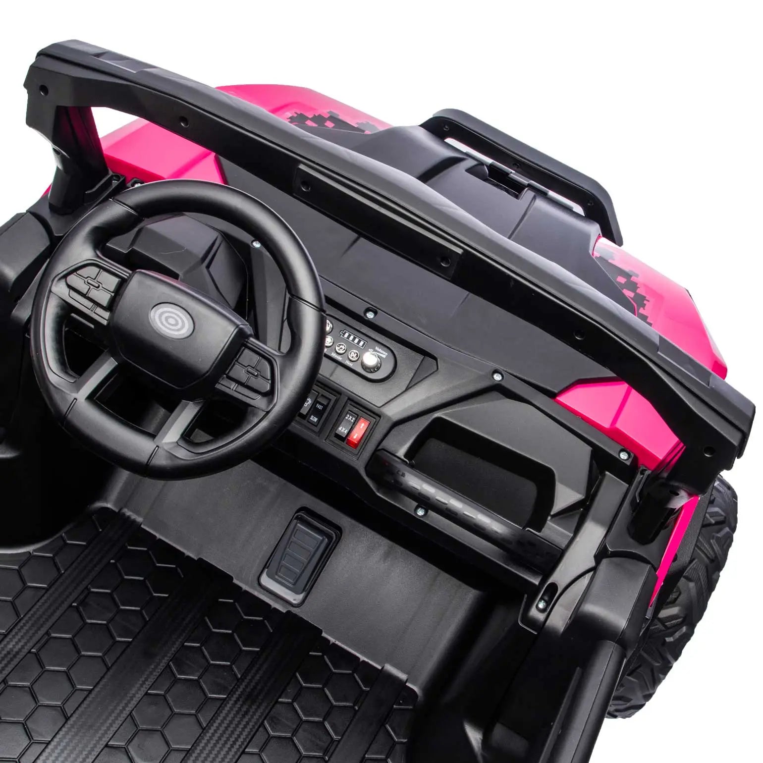Pink Trail Rider 24V 4WD kids electric ride-on UTV, interior legroom view with LED headlights, dashboard and dual seats