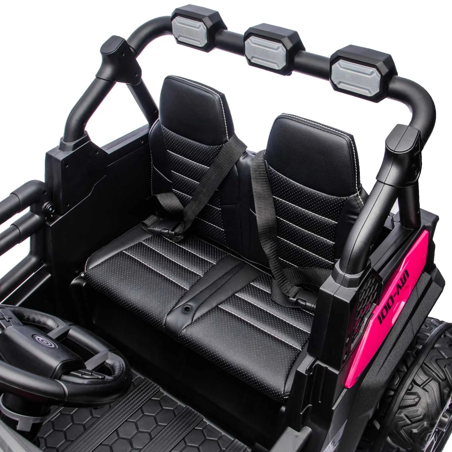 Pink Trail Rider 24V 4WD kids electric ride-on UTV, interior view with LED headlights and dual seats