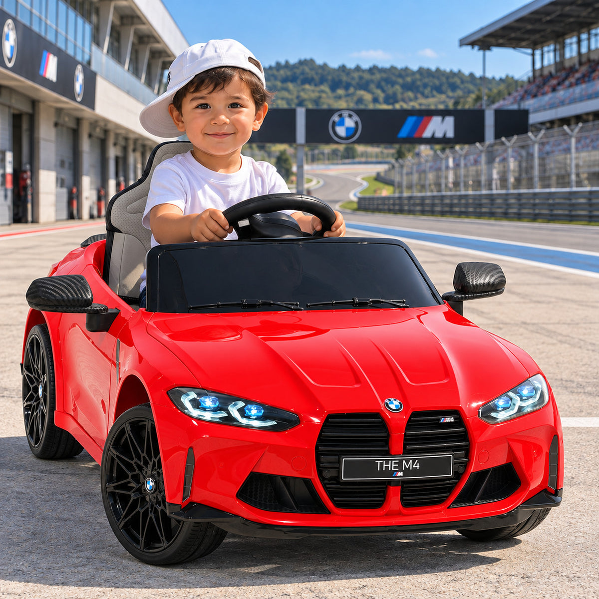 Red BMW M4 12V Kids Ride-On Car with Parental Remote, Boy Driving on a Race Track