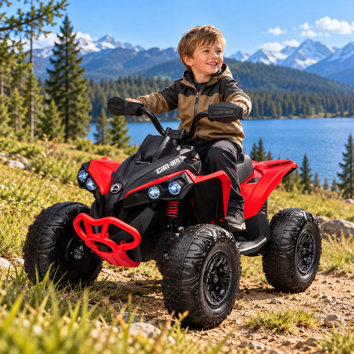 Red Can-Am Renegade 24V Ride-On ATV – Young Boy Riding the One Seater Kids 4 Wheeler by a Mountain Lake