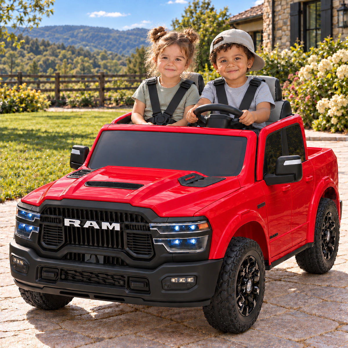 Red Dodge Ram 2500 Rebel 24V Kids 2 Seater Ride-On Truck, Boy and Girl Driving on a Driveway