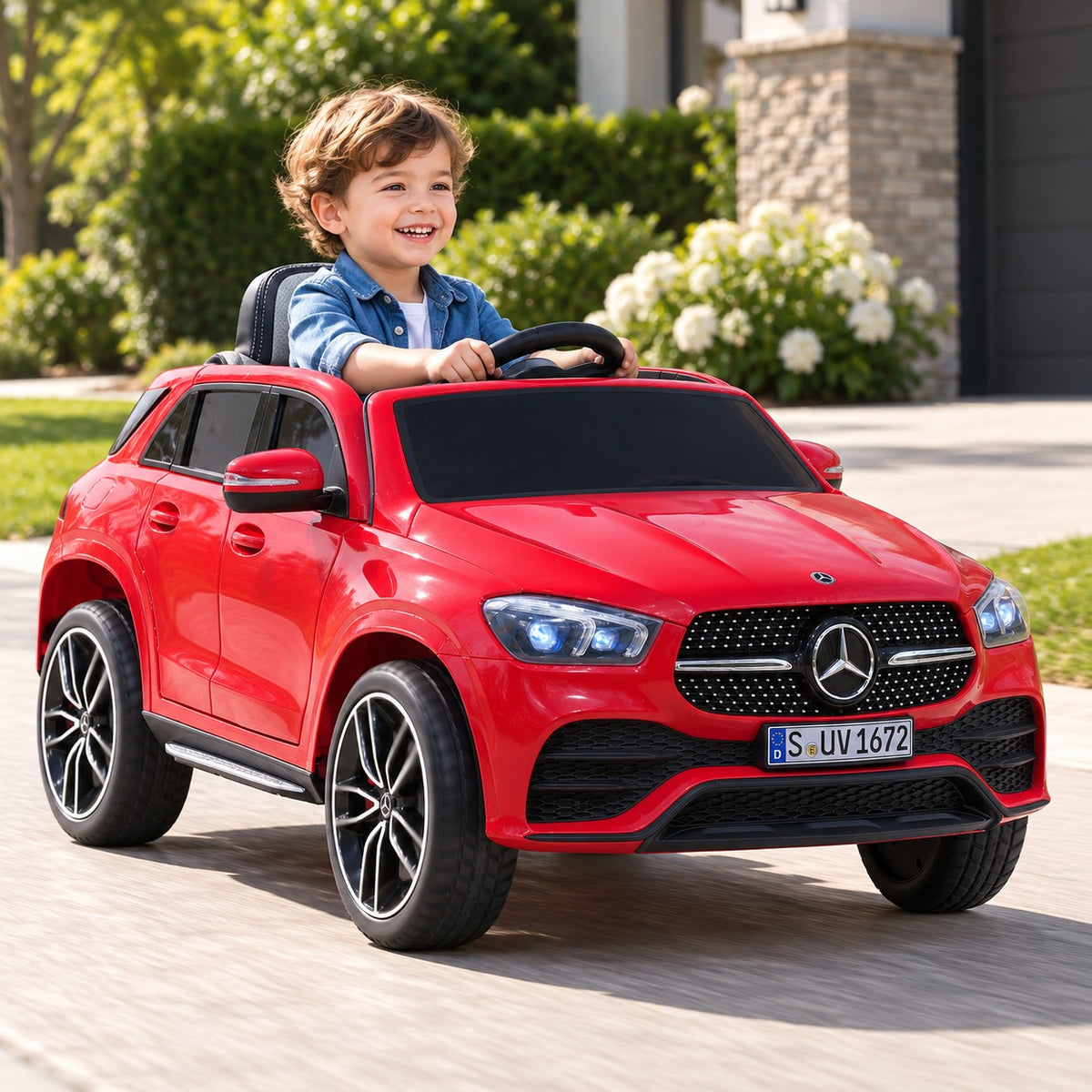 Red Mercedes GLE450 12V Kids Ride-On Car Lifestyle, Toddler Driving in the Driveway, Front Right View