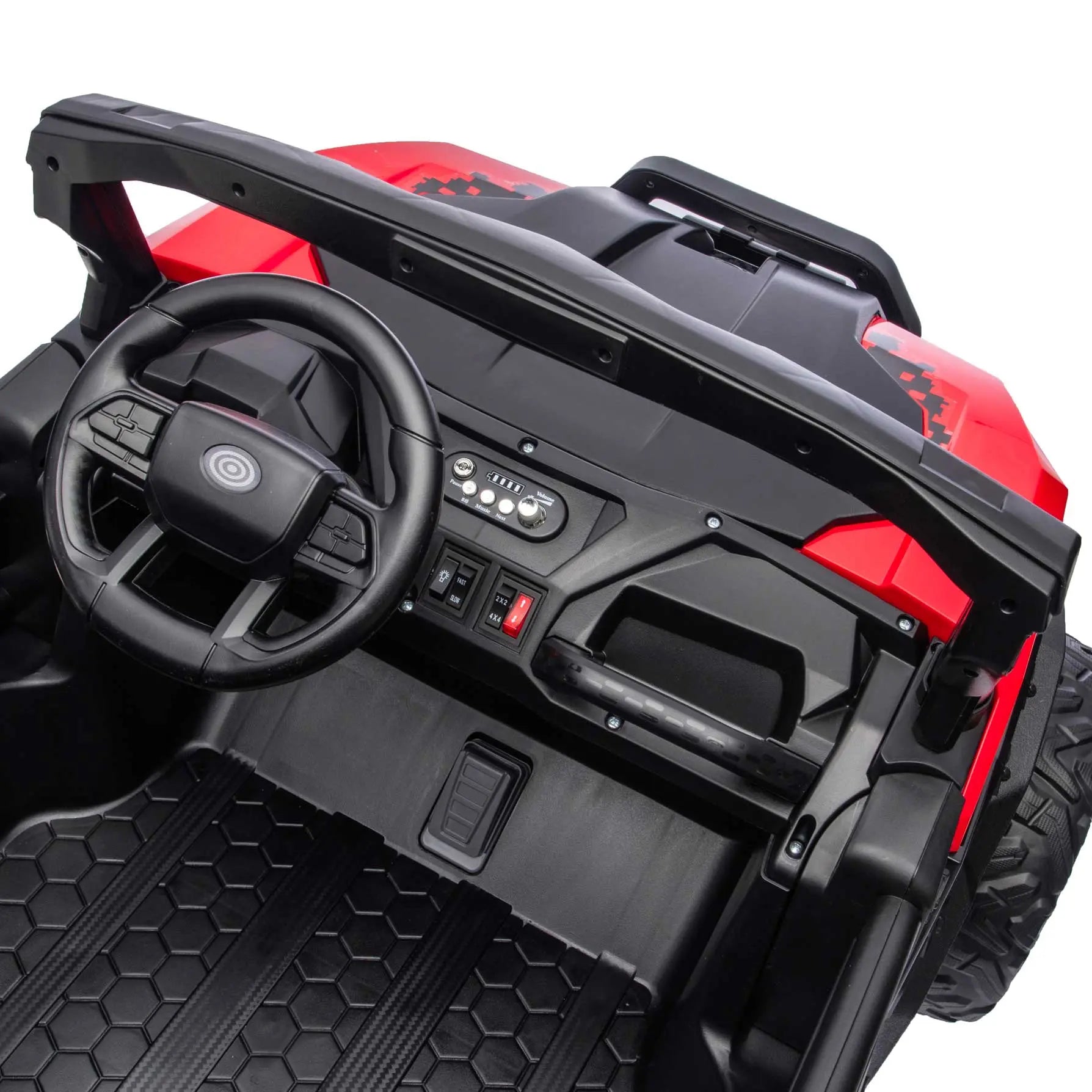 Red Trail Rider 24V 4WD kids electric ride-on UTV, interior legroom view with LED headlights, dashboard and dual seats