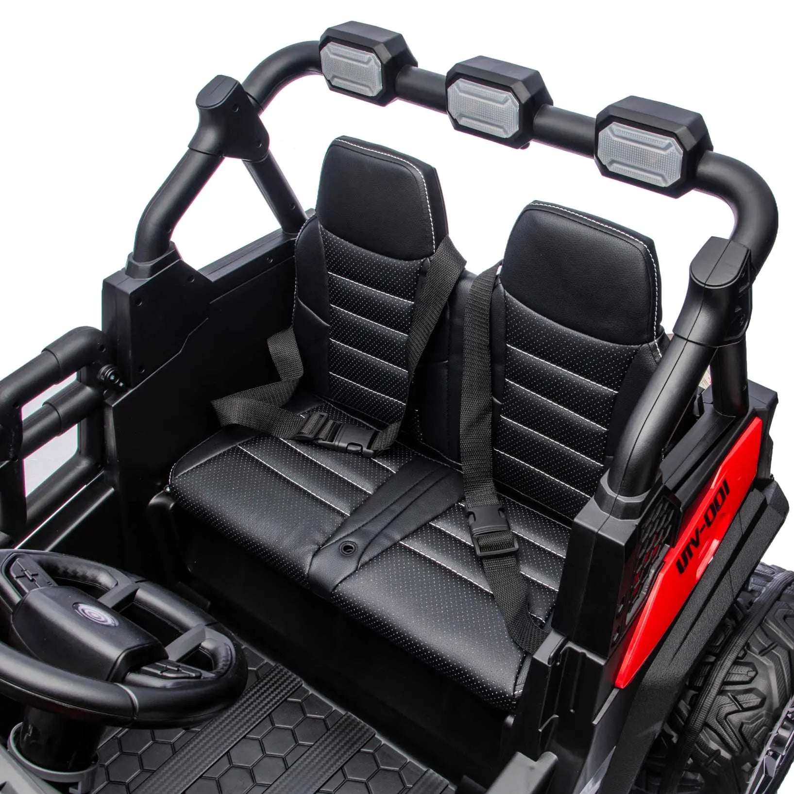 Red Trail Rider 24V 4WD kids electric ride-on UTV, interior view with LED headlights and dual seats