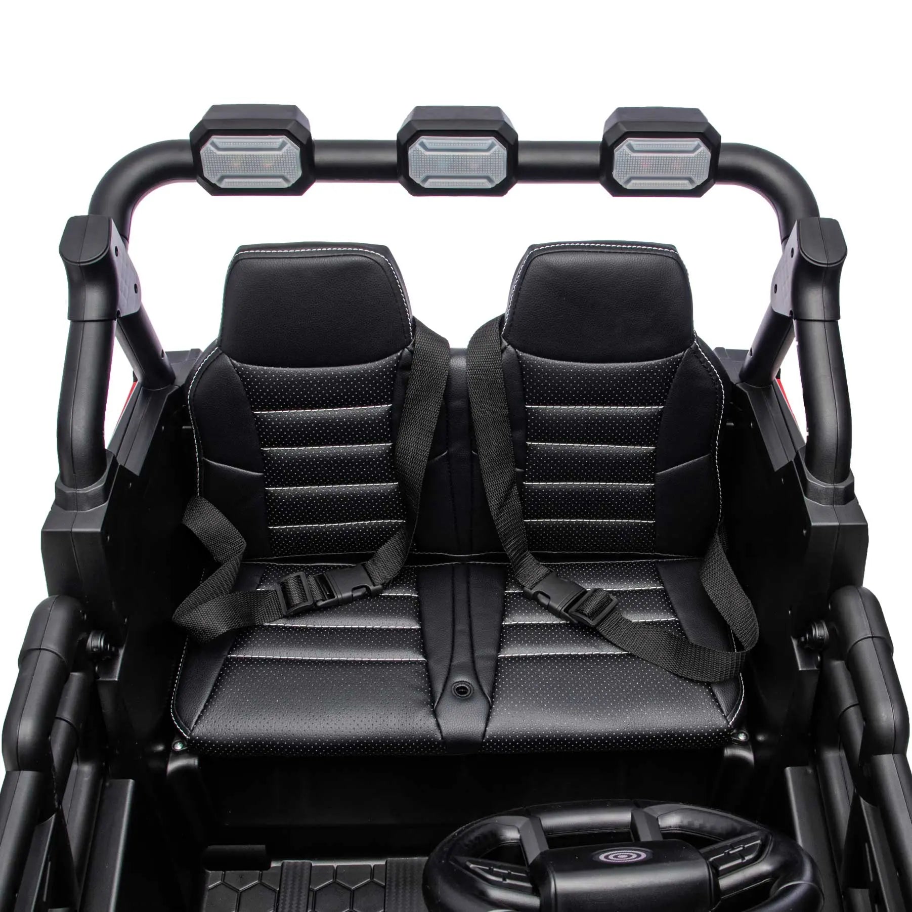 Red Trail Rider 24V 4WD kids electric ride-on UTV, interior view with LED headlights and dual seats