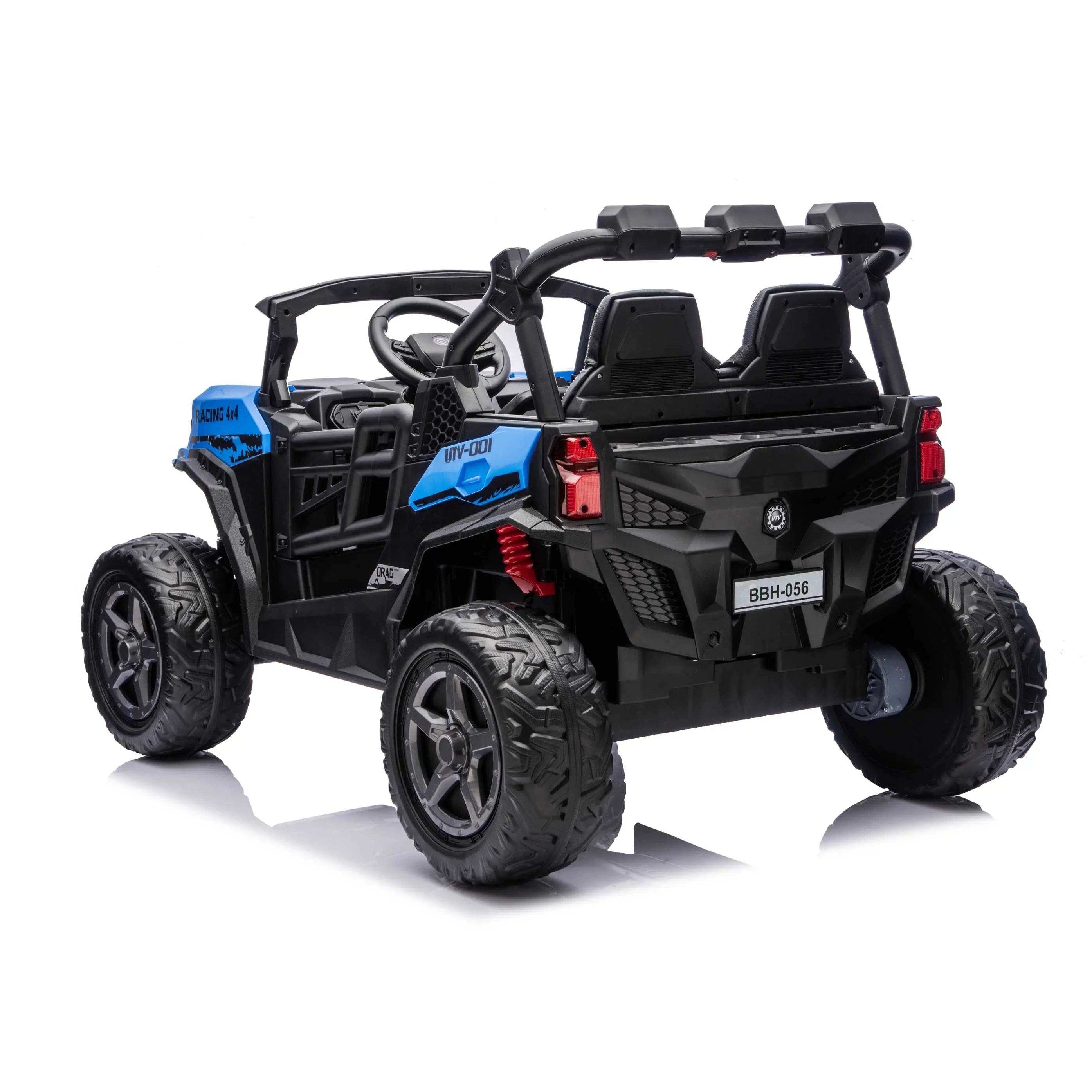Blue Trail Rider 24V 4WD kids electric ride-on UTV, back left view with LED headlights and dual seats