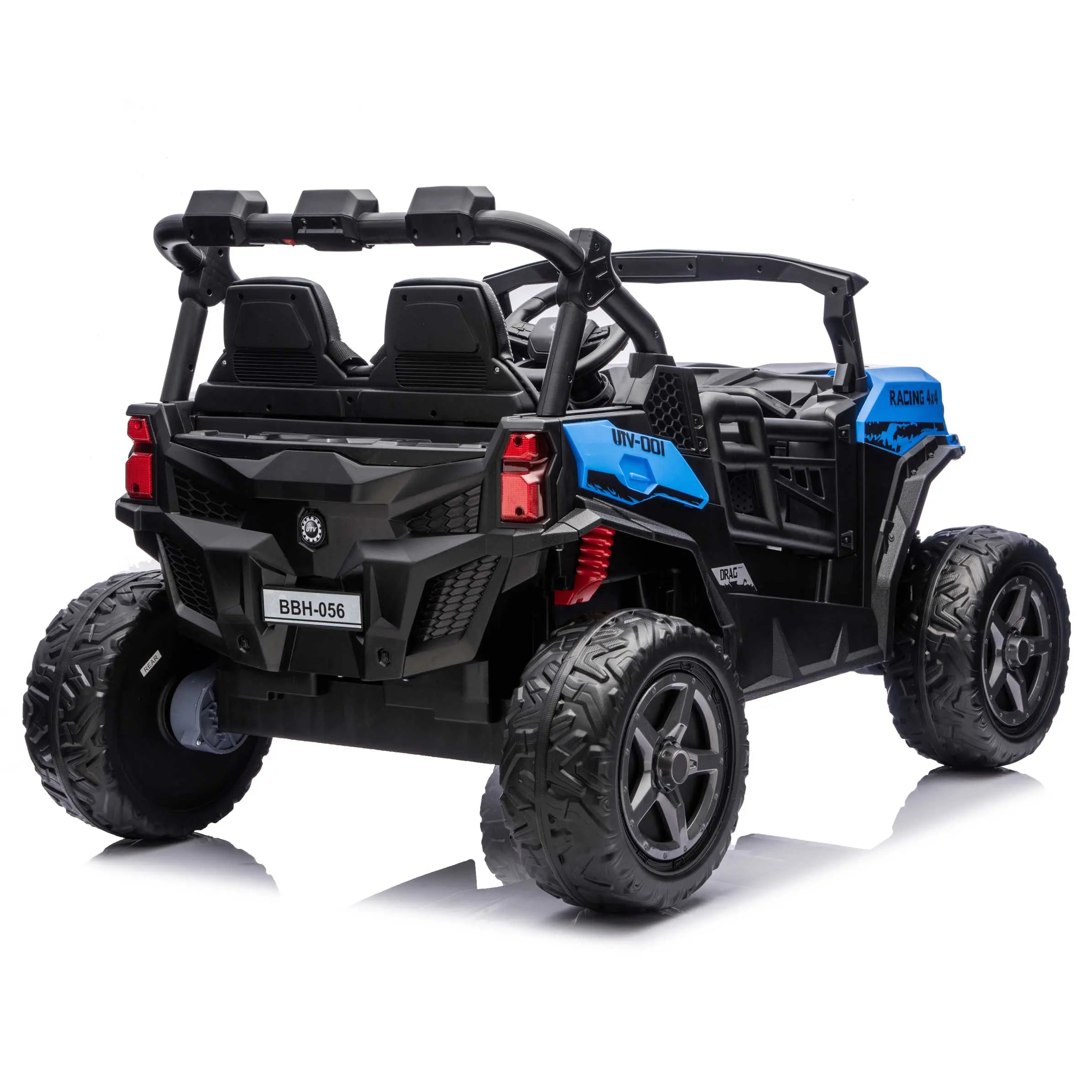 Blue Trail Rider 24V 4WD kids electric ride-on UTV, back right view with LED headlights and dual seats