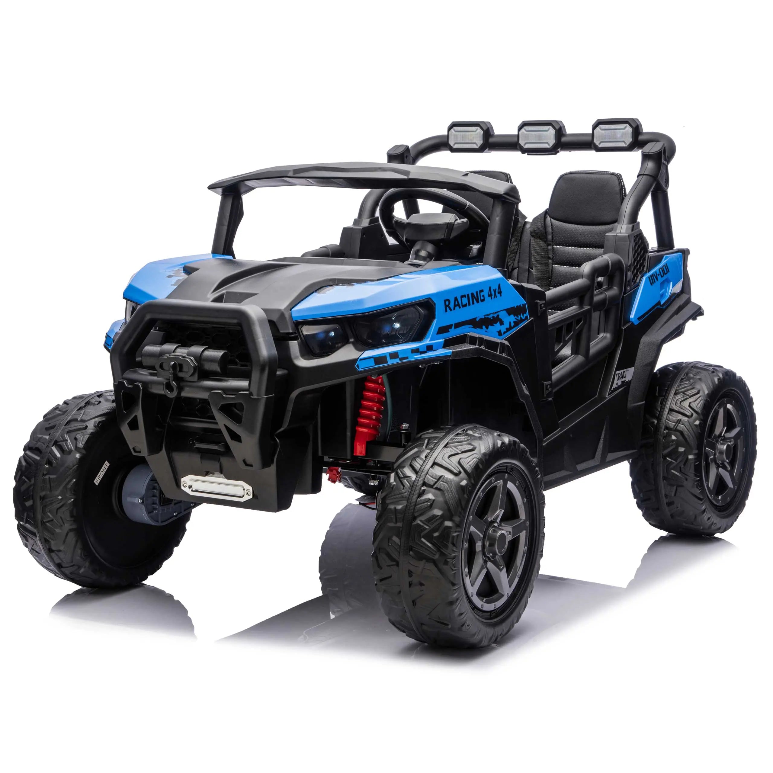 Blue Trail Rider 24V 4WD kids electric ride-on UTV, front left view with LED headlights and dual seats