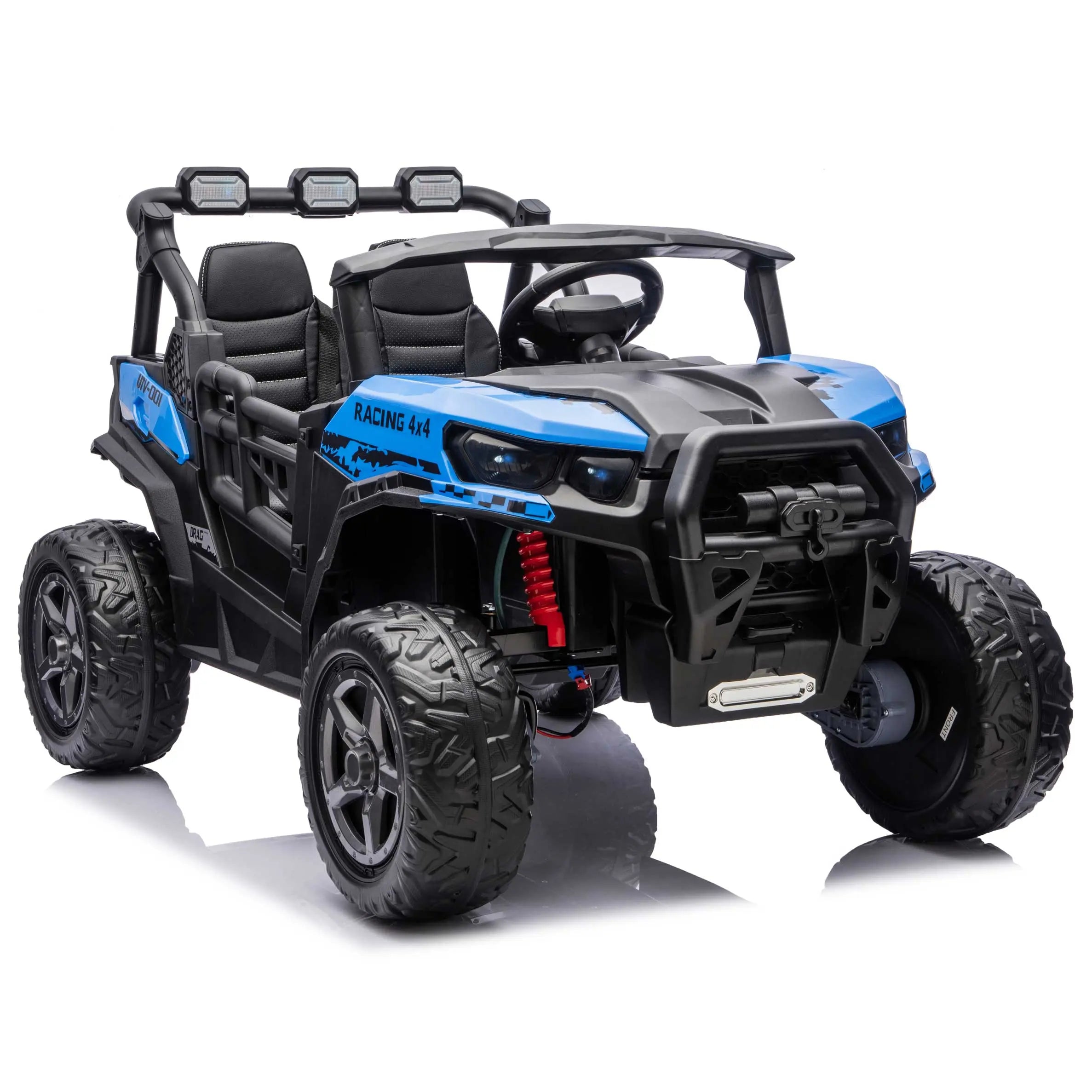 Blue Trail Rider 24V 4WD kids electric ride-on UTV, front right view with LED headlights and dual seats