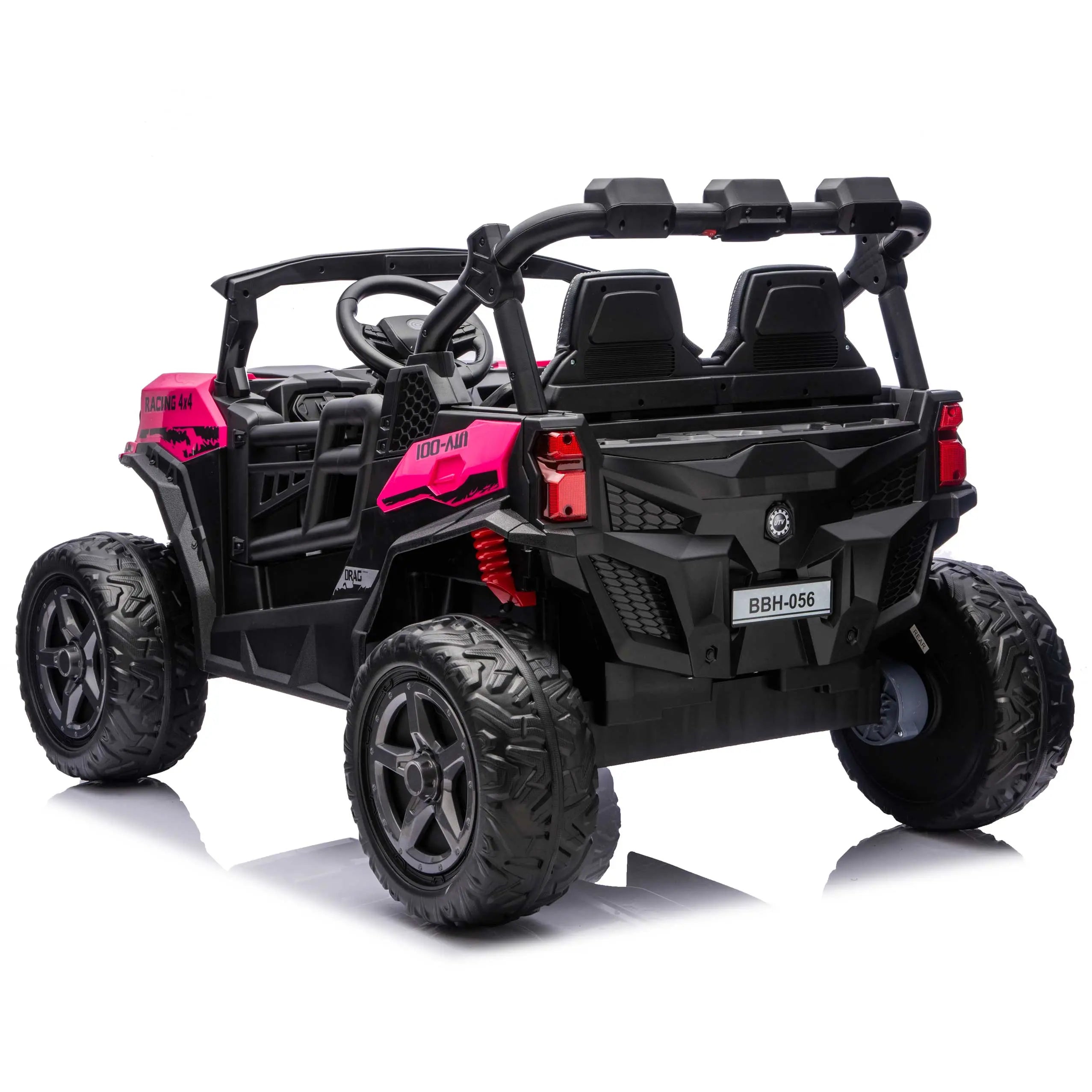 Pink Trail Rider 24V 4WD kids electric ride-on UTV, back left view with LED headlights and dual seats