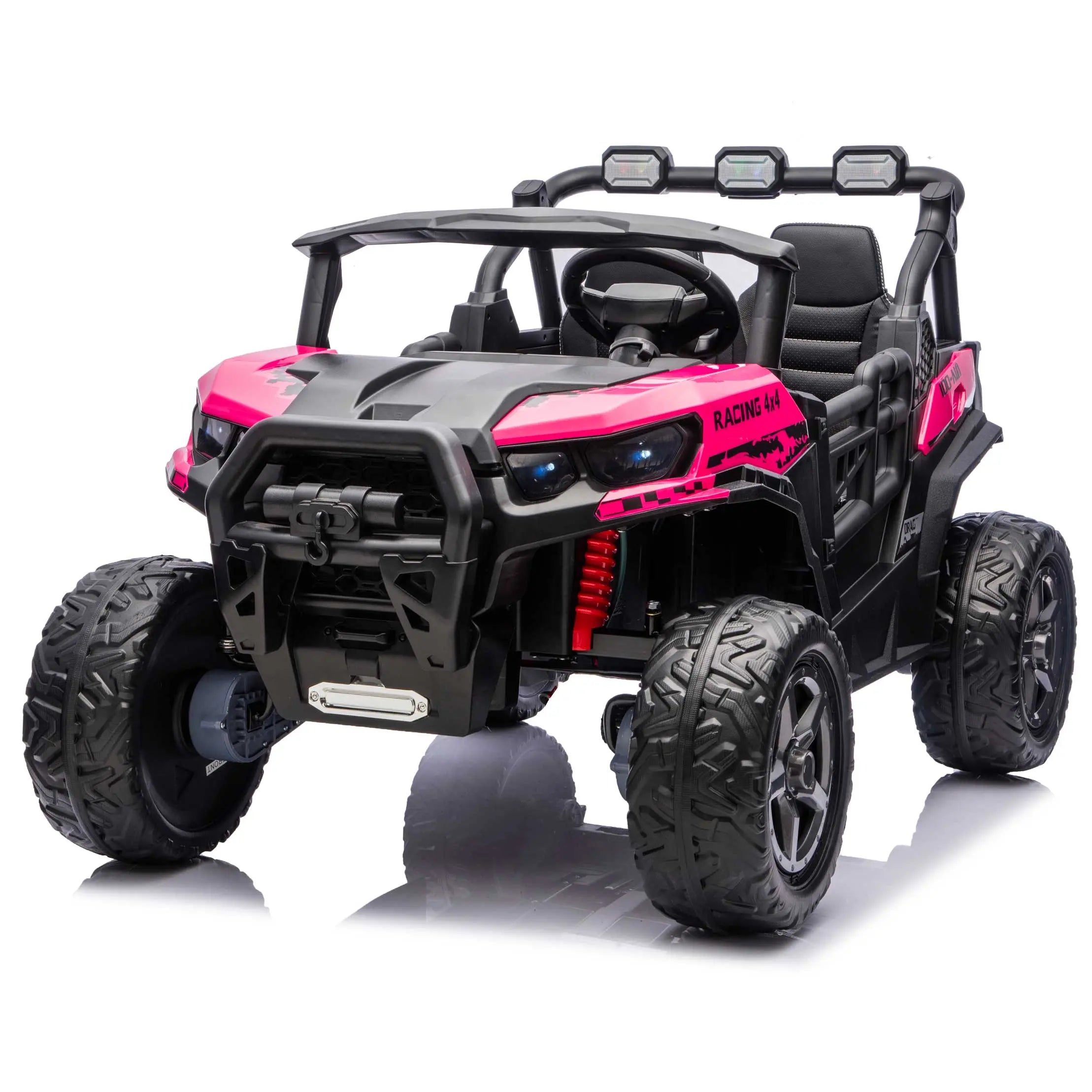 Pink Trail Rider 24V 4WD kids electric ride-on UTV, front left view with LED headlights and dual seats