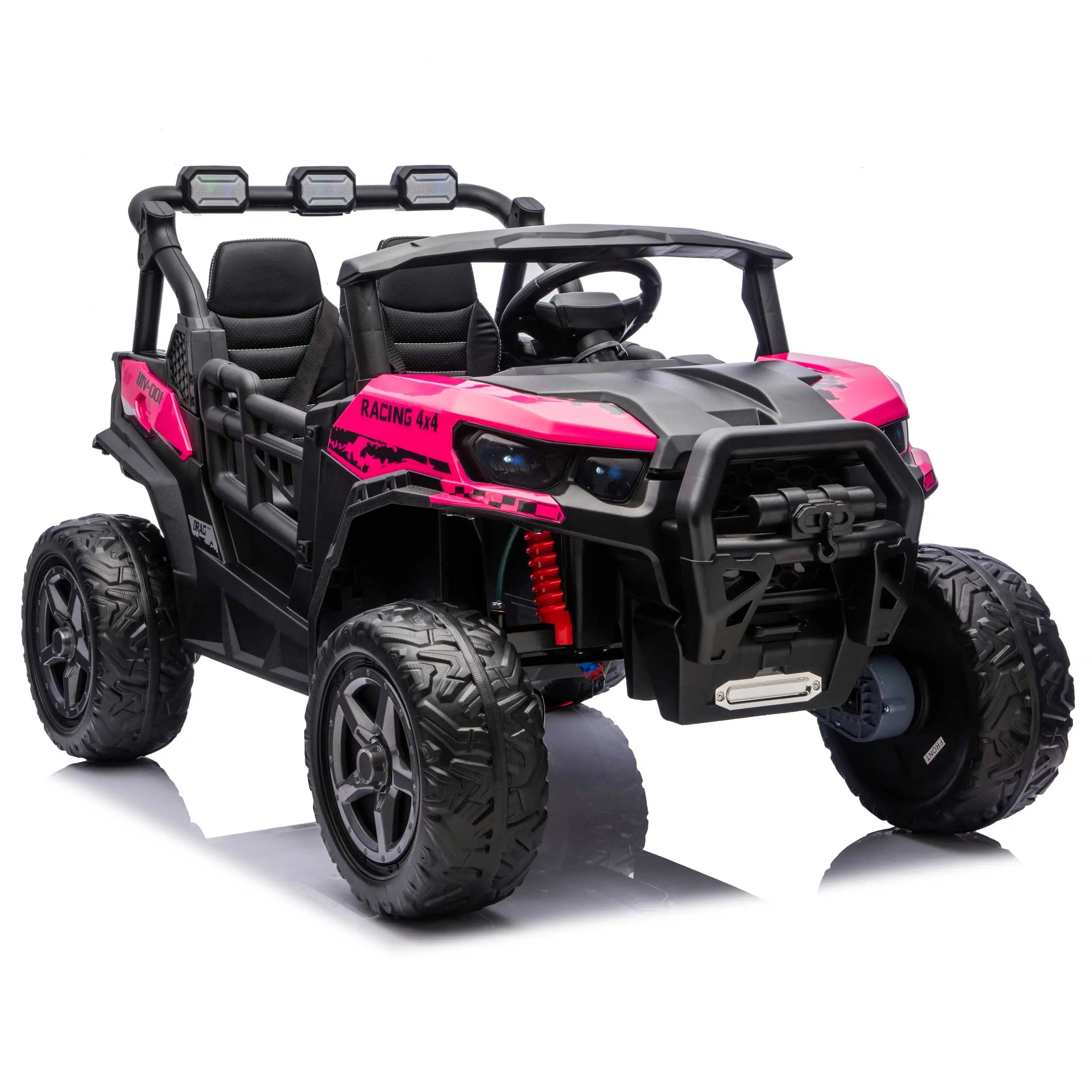 Pink Trail Rider 24V 4WD kids electric ride-on UTV, front right view with LED headlights and dual seats