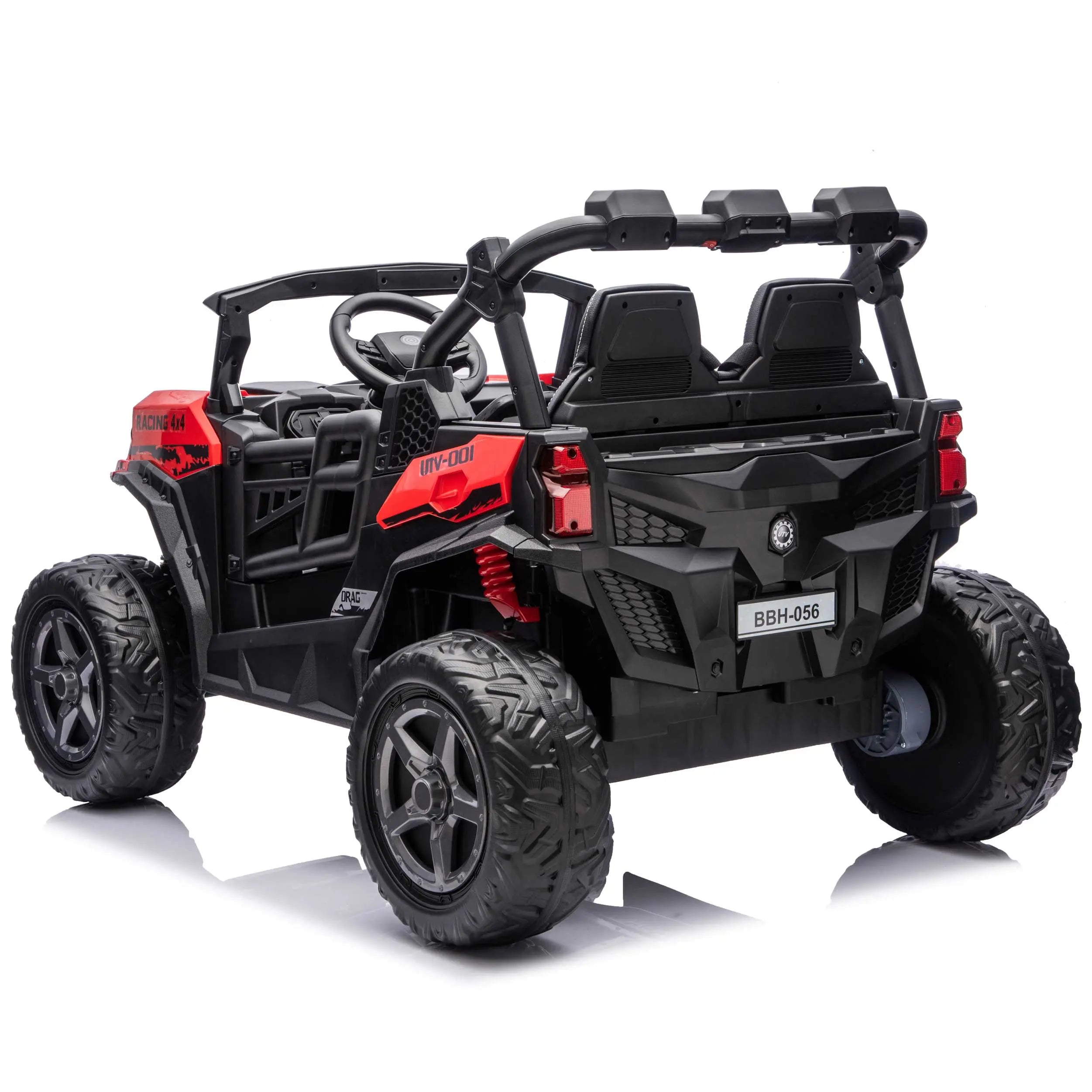 Red Trail Rider 24V 4WD kids electric ride-on UTV, back left view with LED headlights and dual seats
