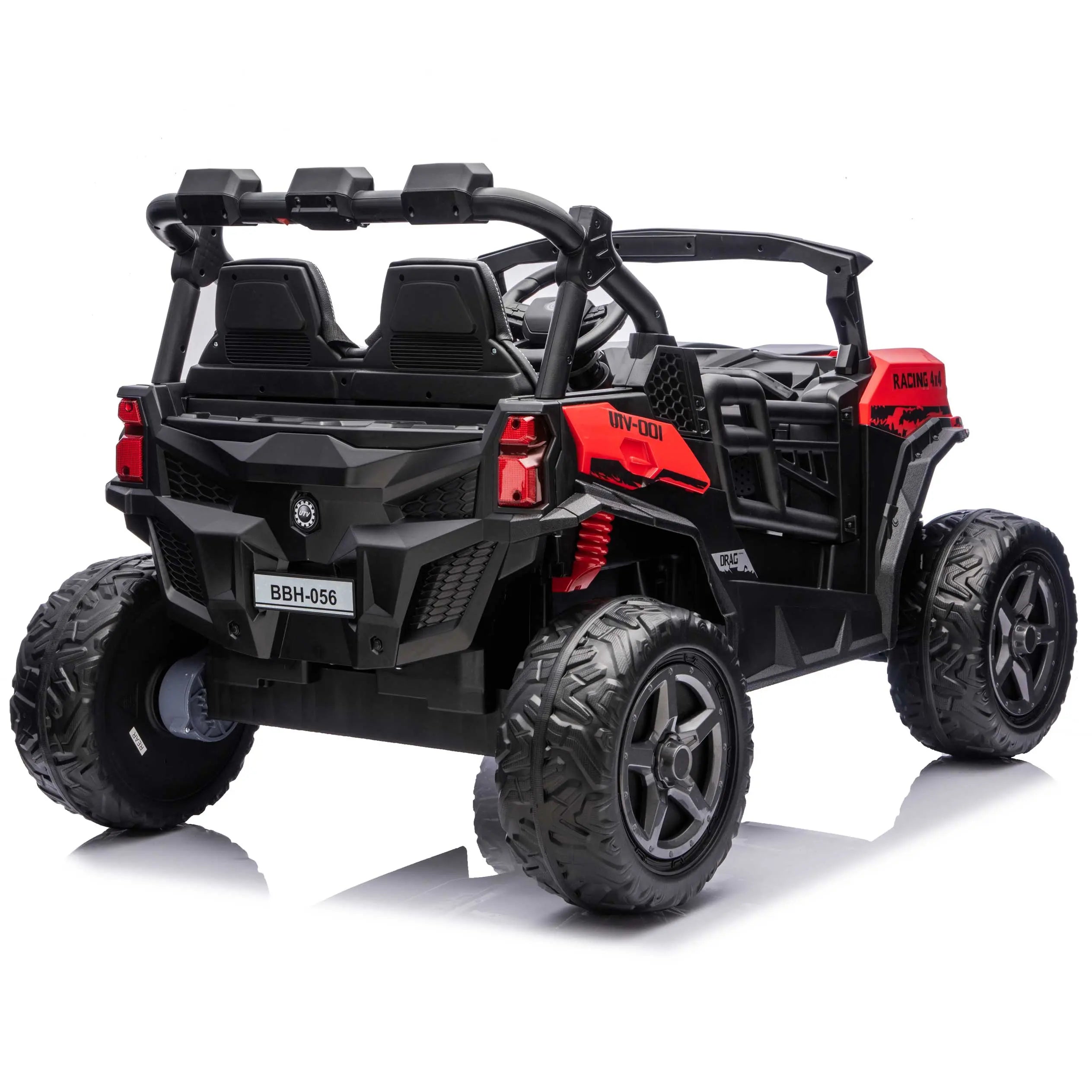 Red Trail Rider 24V 4WD kids electric ride-on UTV, back right view with LED headlights and dual seats