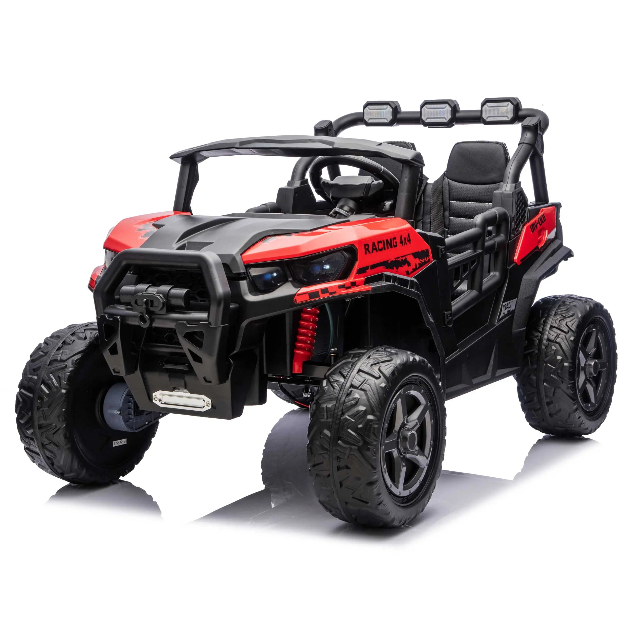 Red Trail Rider 24V 4WD kids electric ride-on UTV, front left view with LED headlights and dual seats