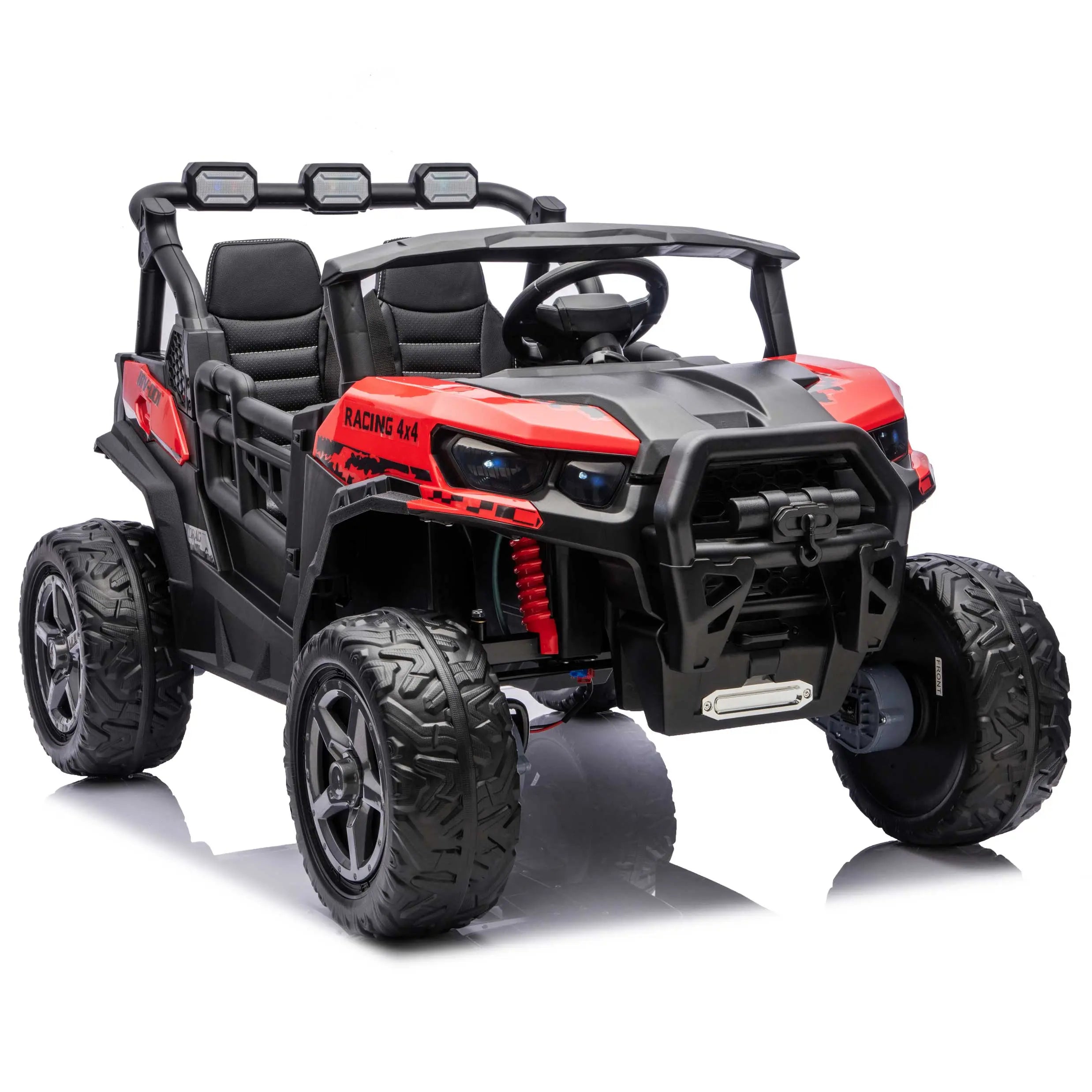 Red Trail Rider 24V 4WD kids electric ride-on UTV, front right view with LED headlights and dual seats