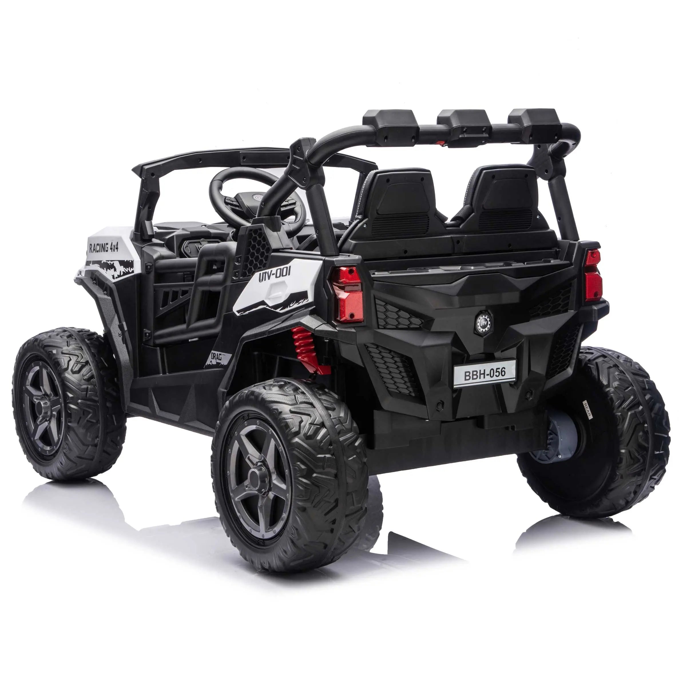 White Trail Rider 24V 4WD kids electric ride-on UTV, back left view with LED headlights and dual seats