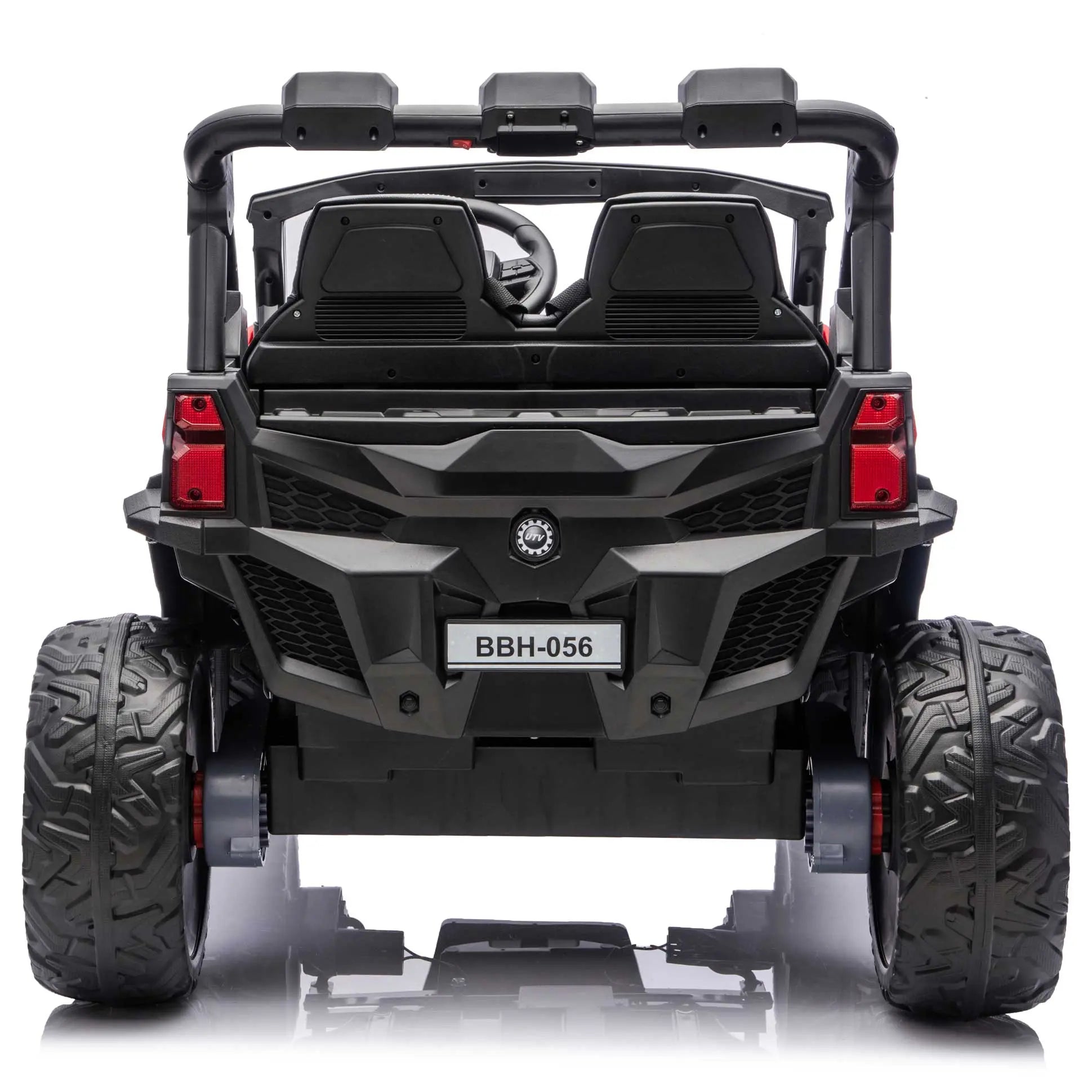 Trail Rider 24V 4WD kids electric ride-on UTV, back view with LED headlights and dual seats