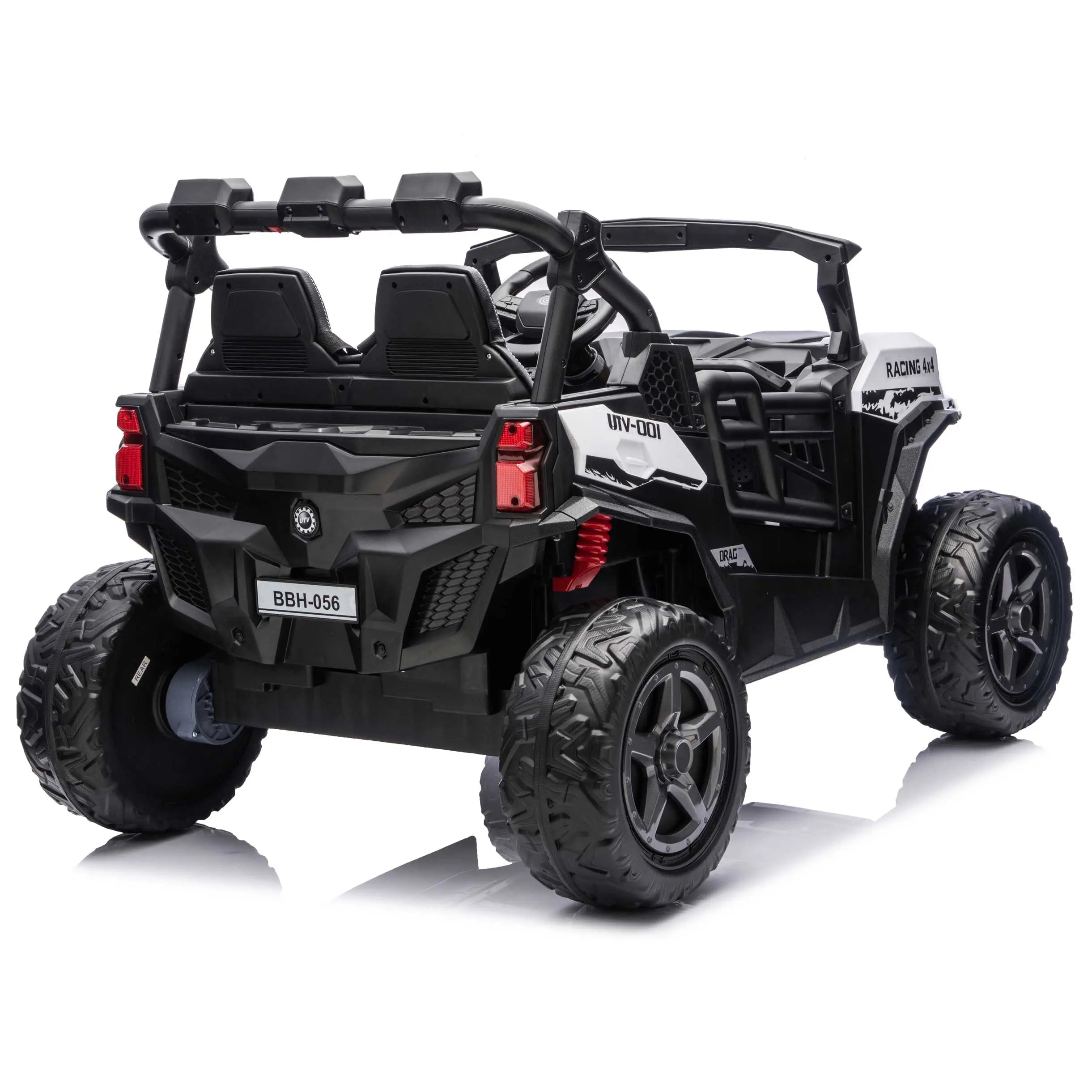 White Trail Rider 24V 4WD kids electric ride-on UTV, back right view with LED headlights and dual seats