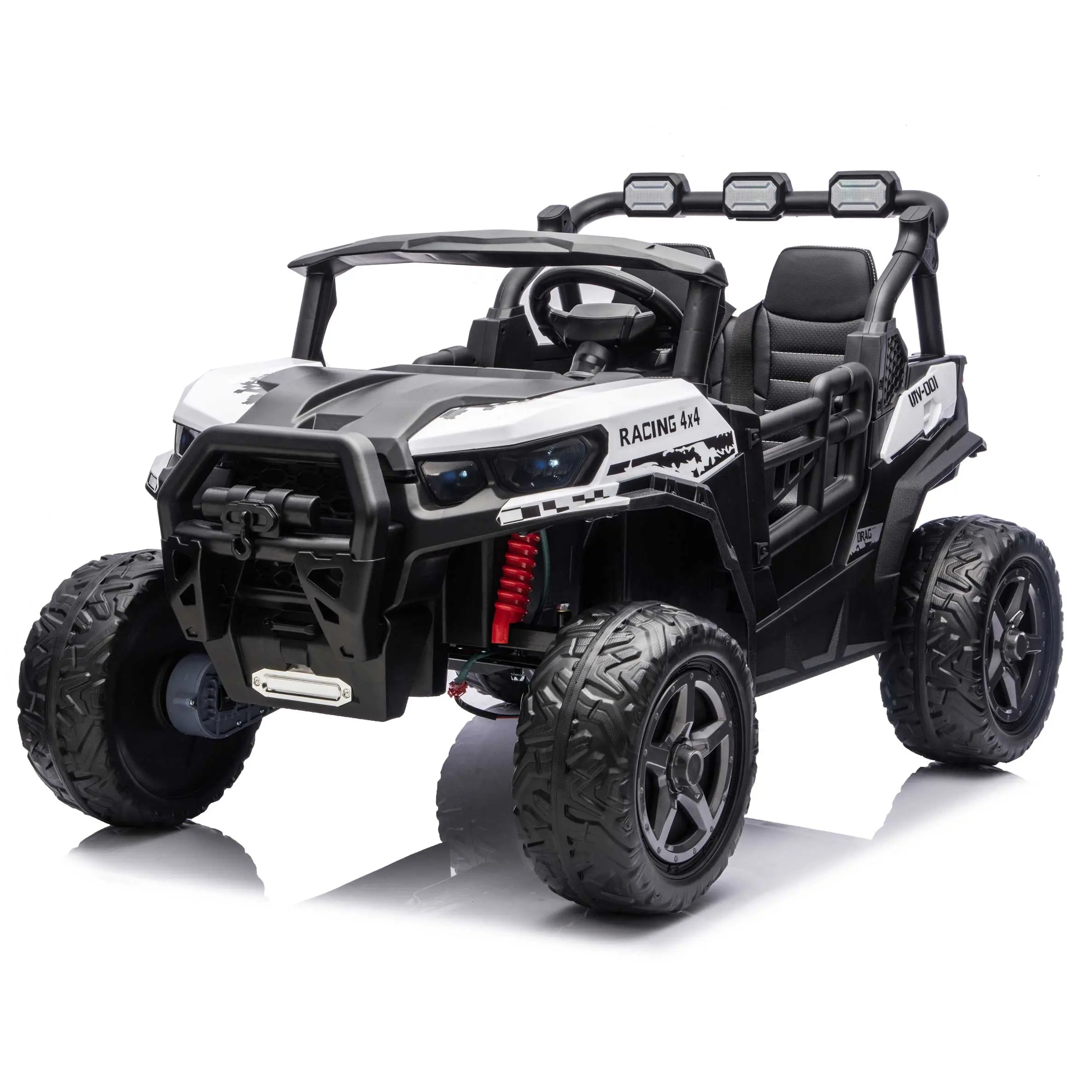 White Trail Rider 24V 4WD kids electric ride-on UTV, front left view with LED headlights and dual seats
