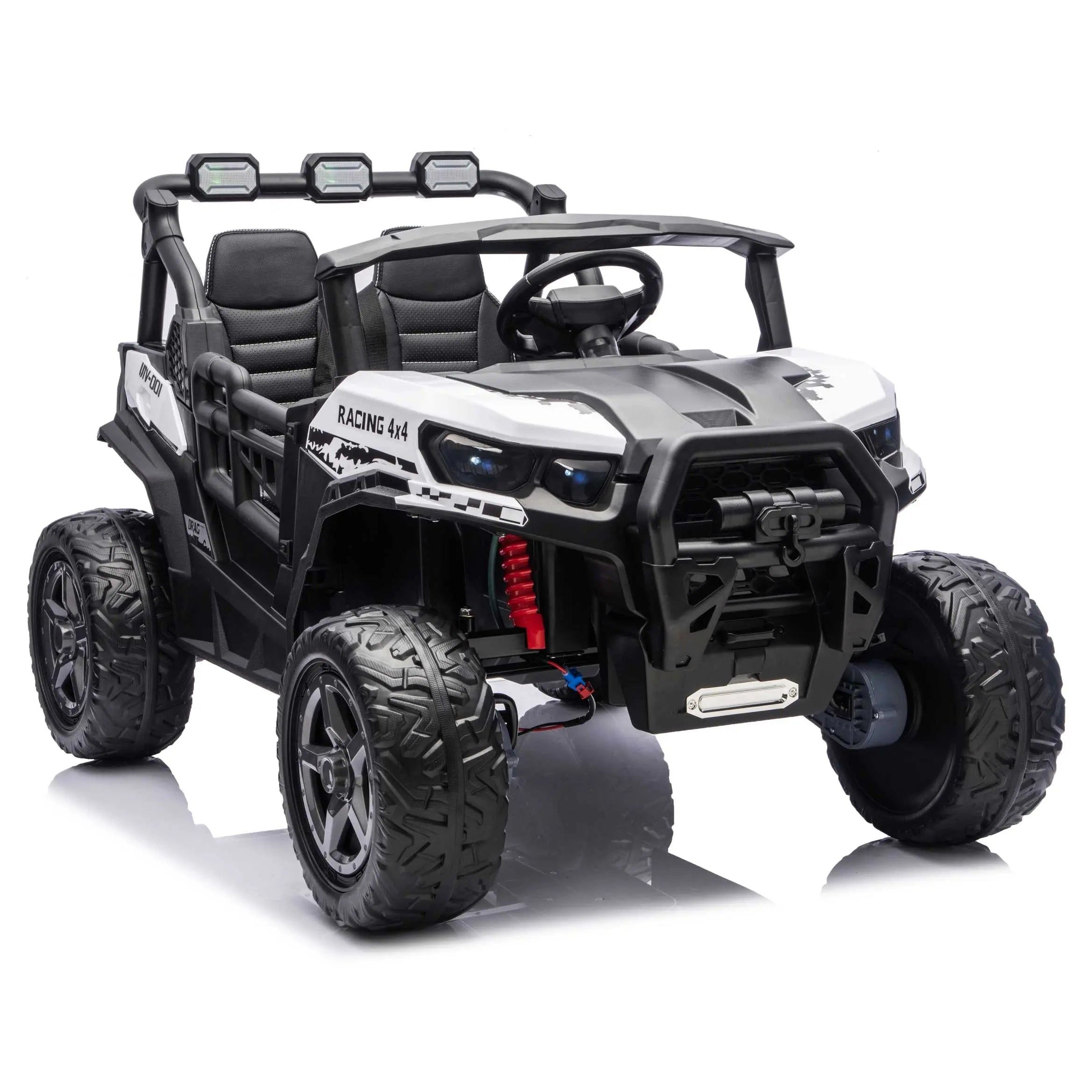 White Trail Rider 24V 4WD kids electric ride-on UTV, front right view with LED headlights and dual seats