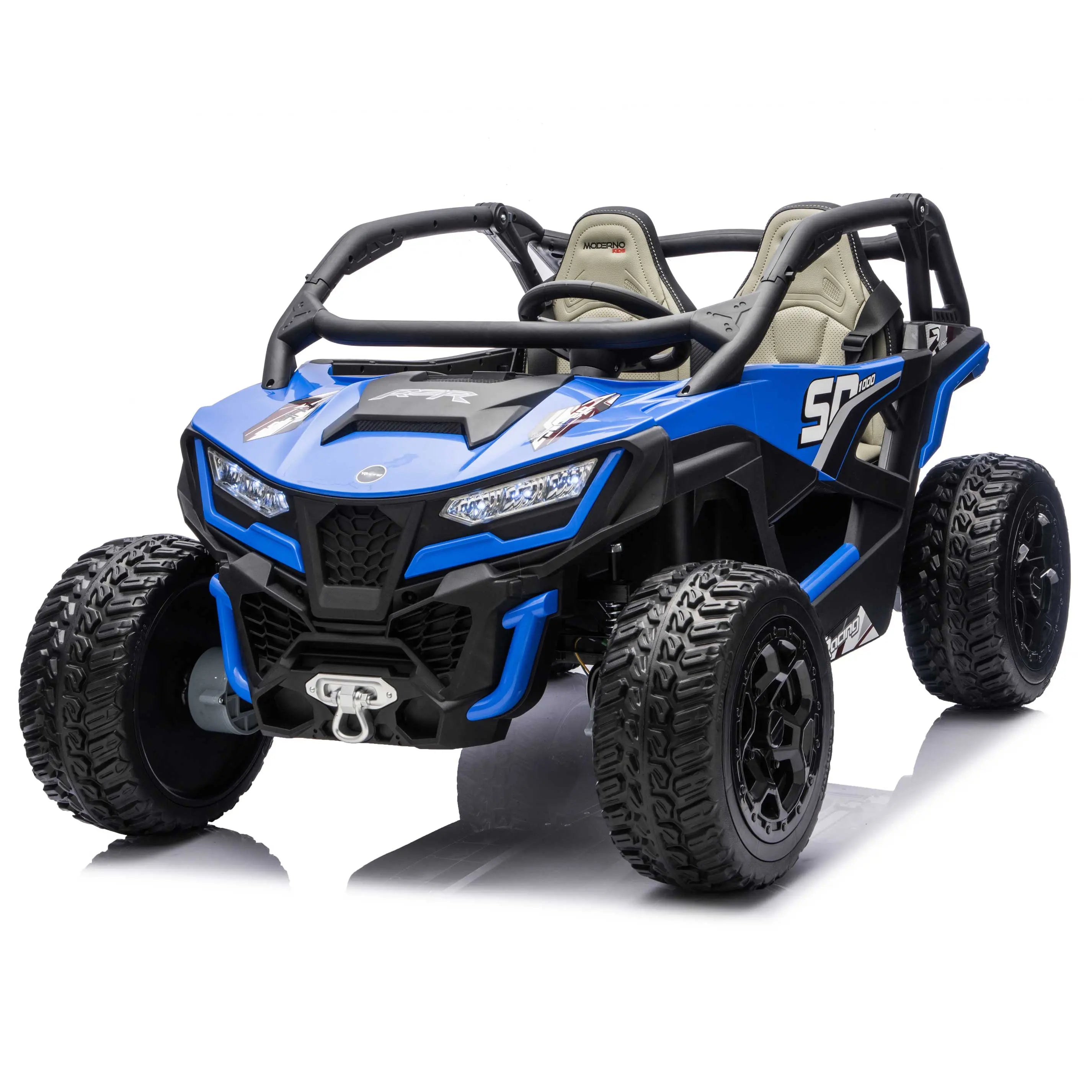 Blue Trail Runner 24V 4WD kids electric ride-on UTV, front left view with LED headlights and dual seats