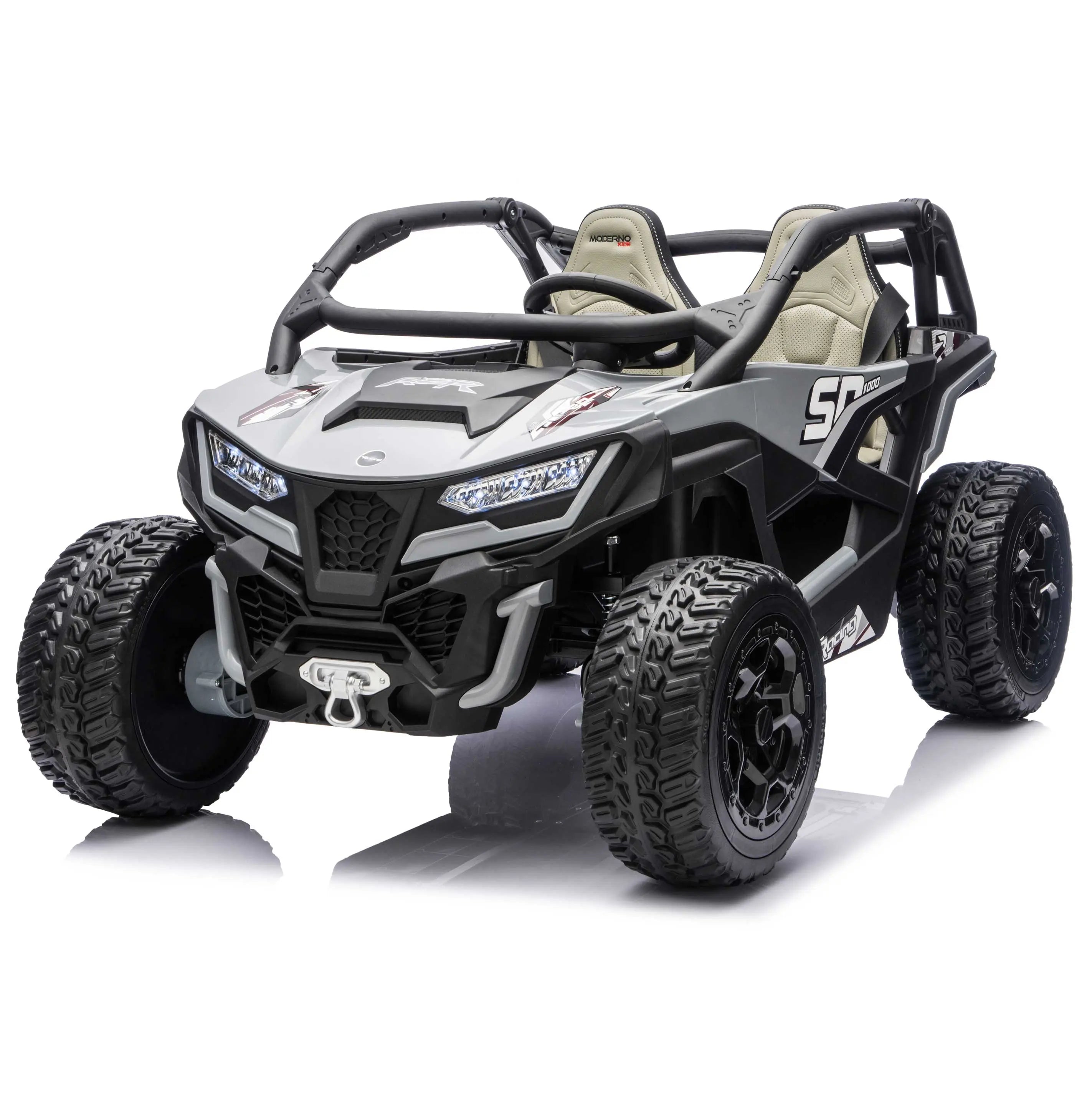 Gray Trail Runner 24V 4WD kids electric ride-on UTV, front left view with LED headlights and dual seats