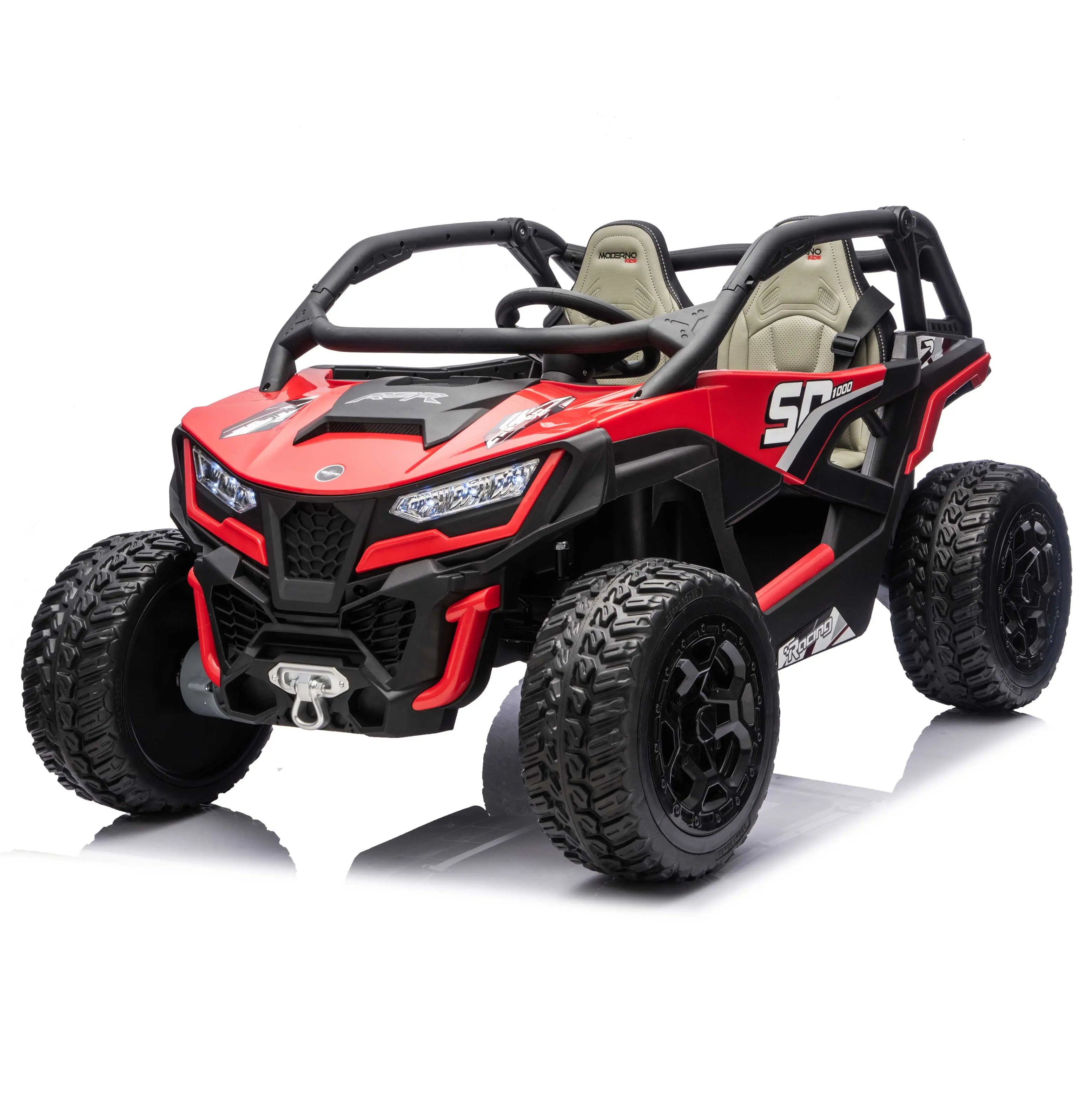 Red Trail Runner 24V 4WD kids electric ride-on UTV, front left view with LED headlights and dual seats