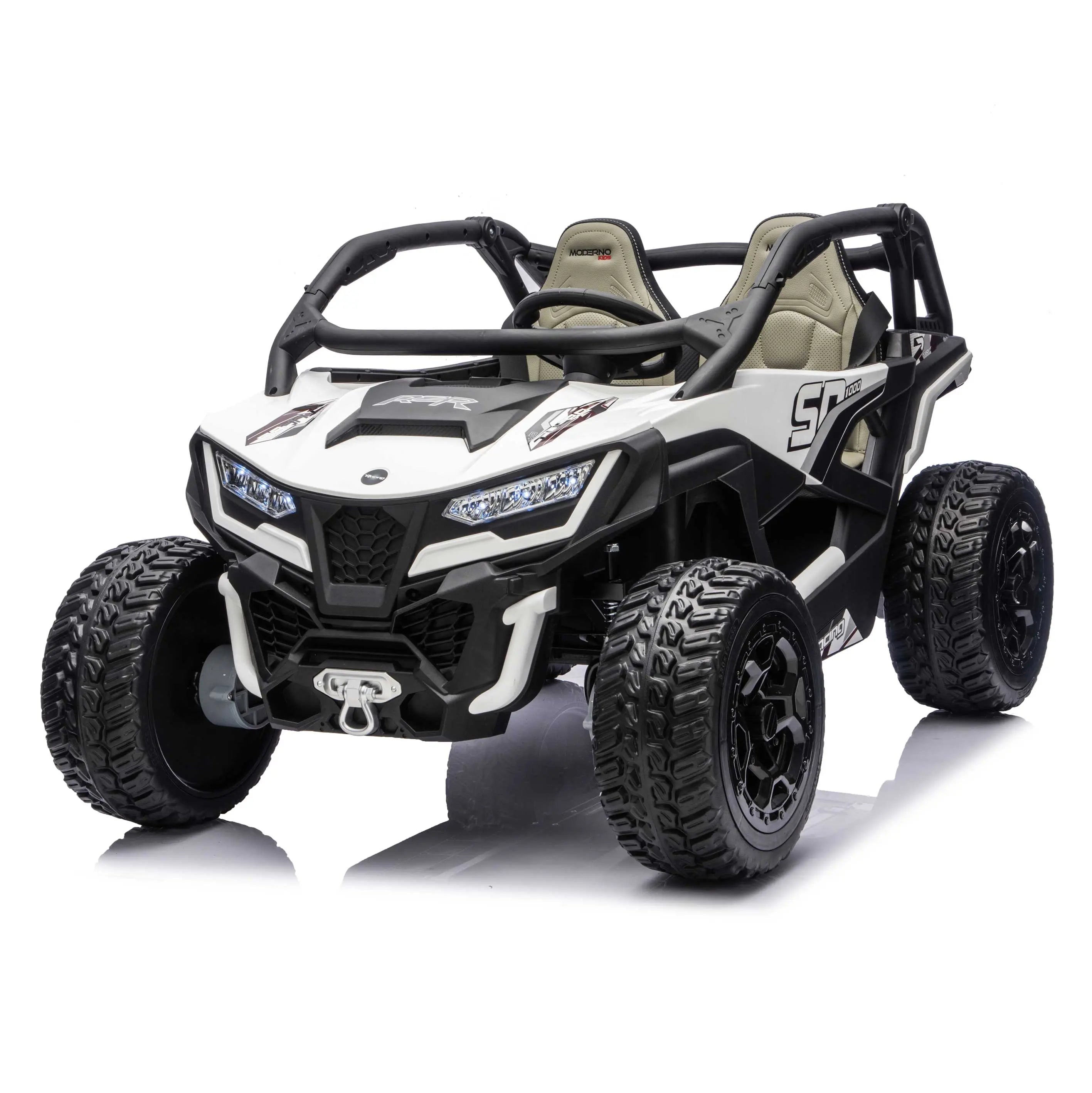 White Trail Runner 24V 4WD kids electric ride-on UTV, front left view with LED headlights and dual seats