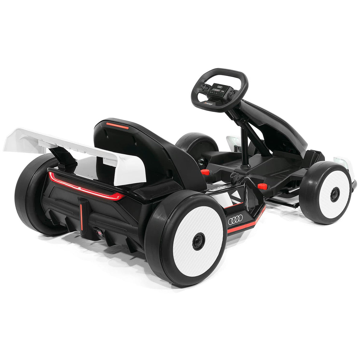 Rear Right Angle of the White Audi Sport 24V Drifting Go Kart with Nylon Drift Wheels