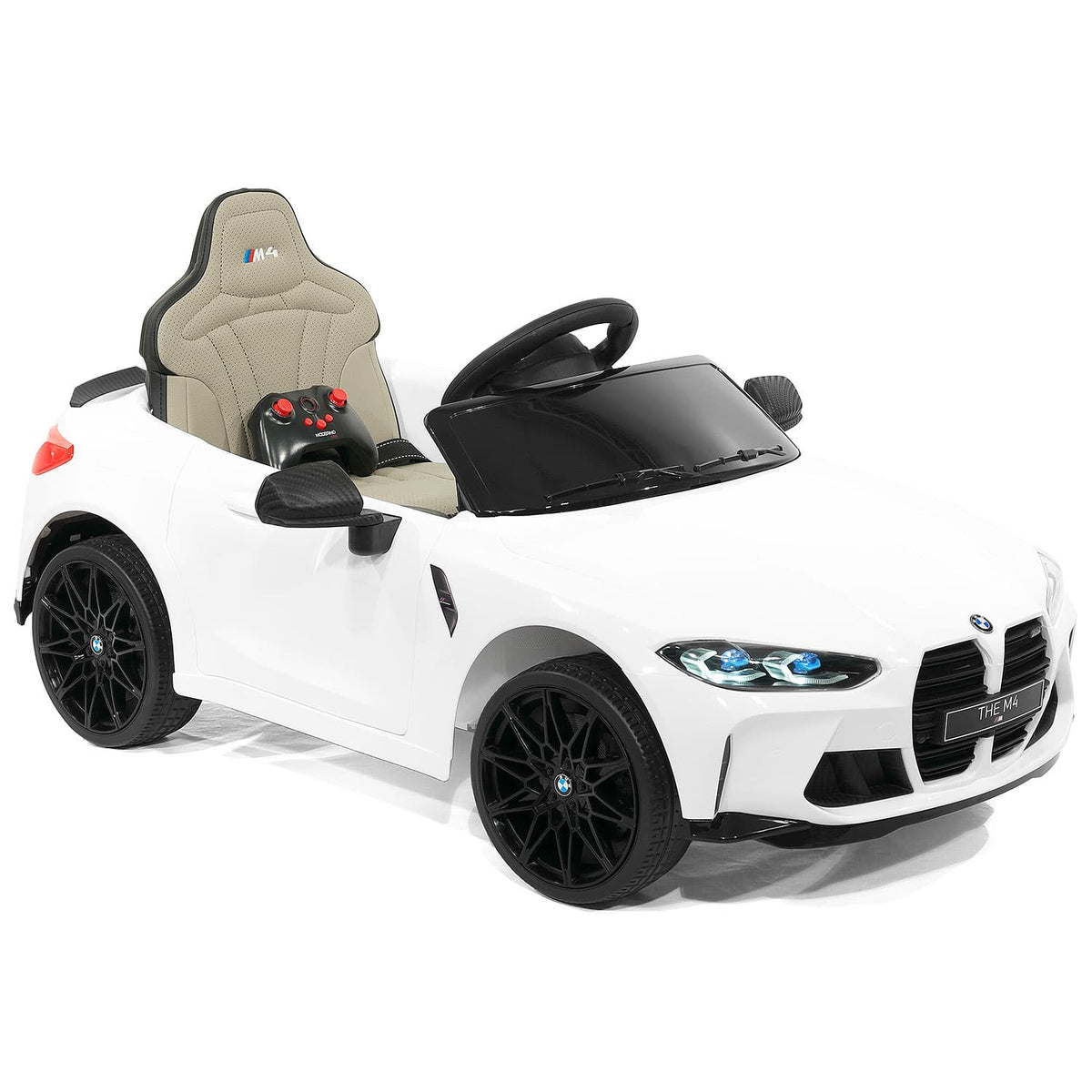 White BMW M4 12V Toddler Ride-On Car, Front Right Side View