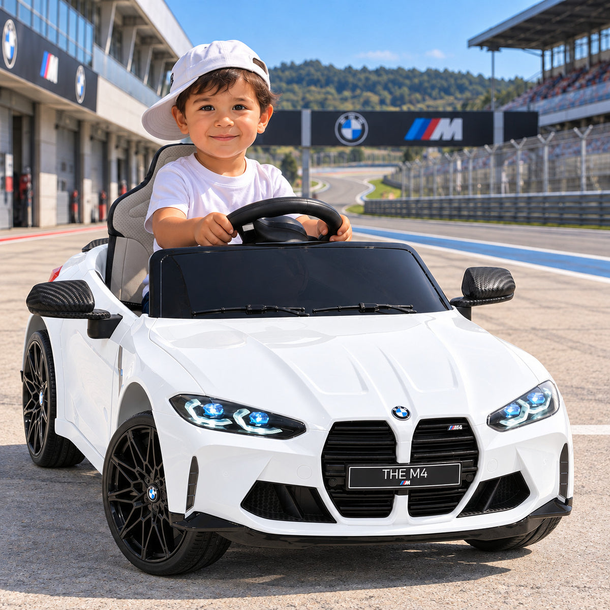 White BMW M4 12V Kids Ride-On Car with Parental Remote, Boy Driving on a Race Track