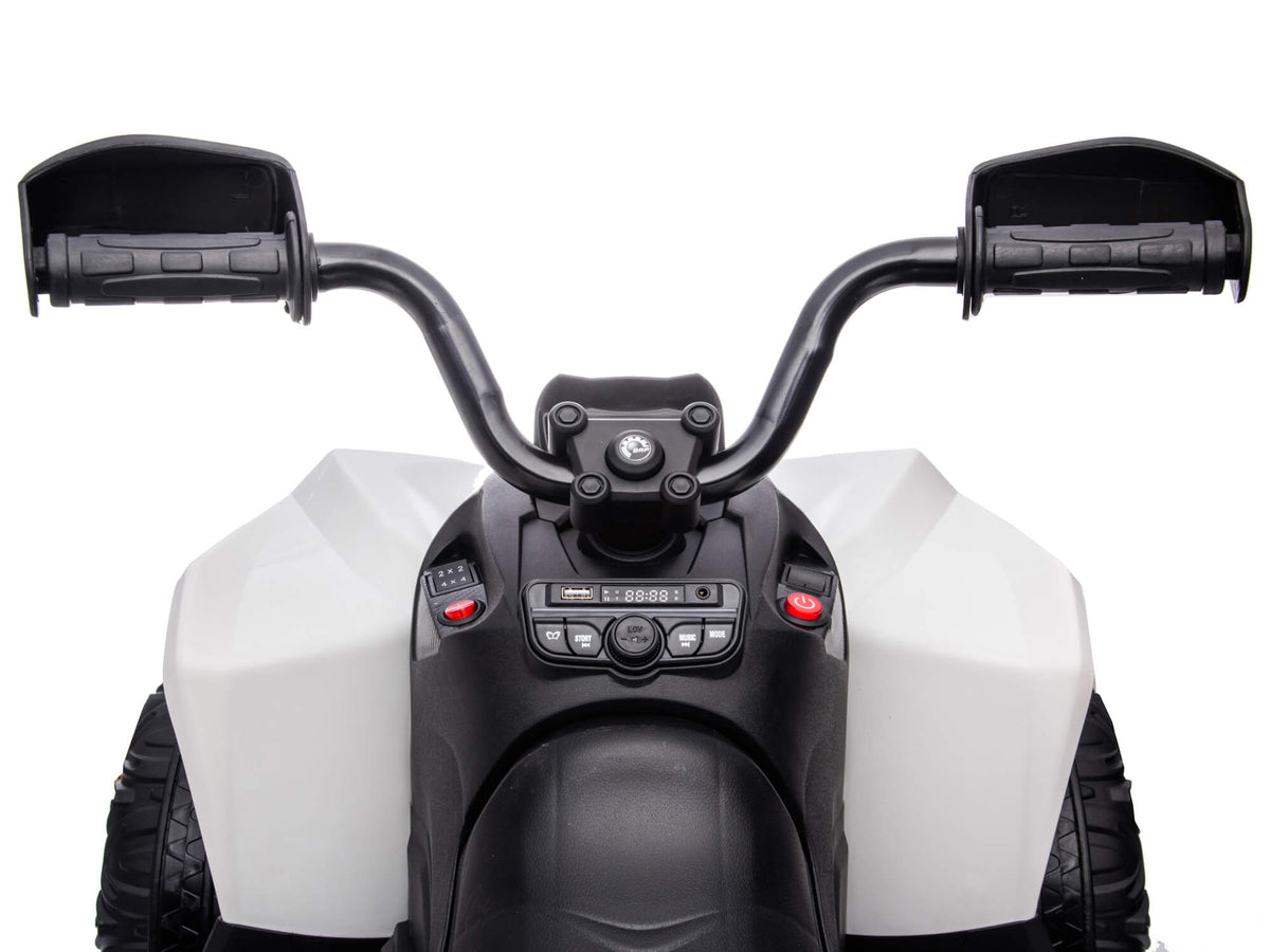 White Can-Am Renegade 24V Kids Quad Handlebars with Hand Guards, Front Close-Up